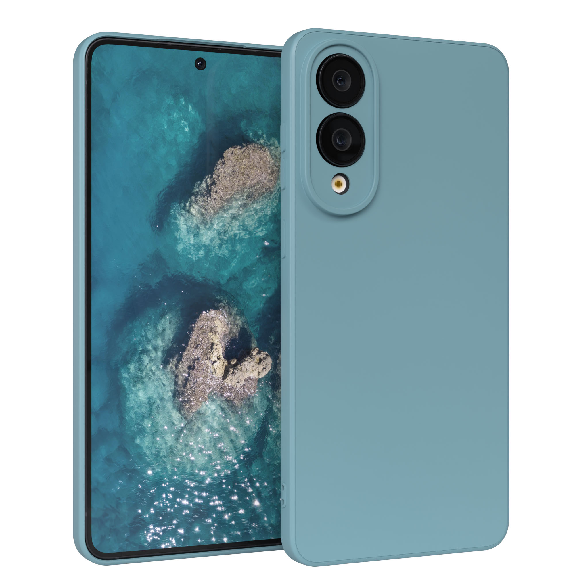 Eine türkisfarbene Telefonhülle mit einem Telefon, das eine Meerblick zeigt. Die Hülle hat Kameralinsen auf der Rückseite.