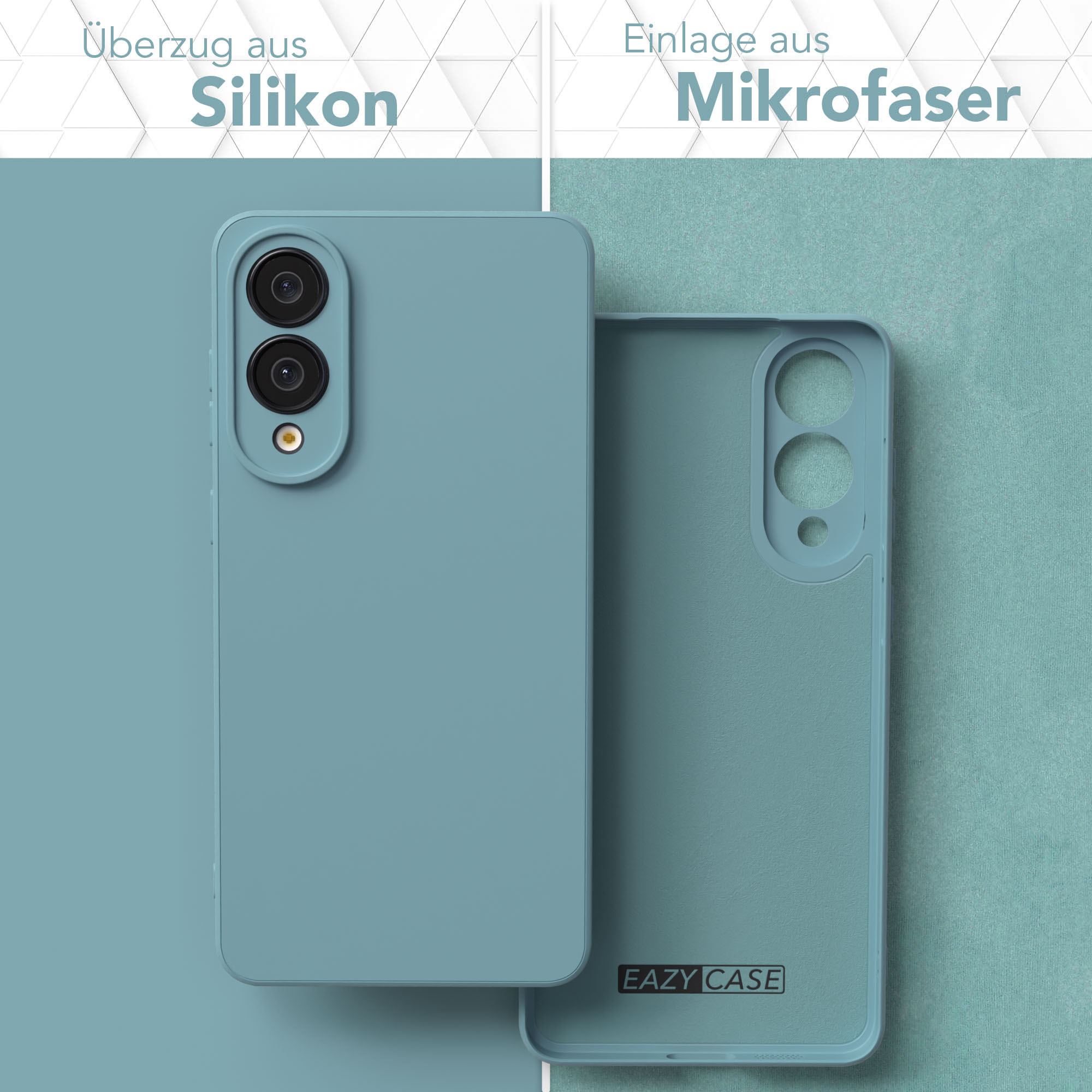 Zwei Handyhüllen, eine mit Kameraausschnitten, eine ohne. Beide sind teal. Der Text auf dem Bild lautet 'Silikon' und 'Mikrofaser'.