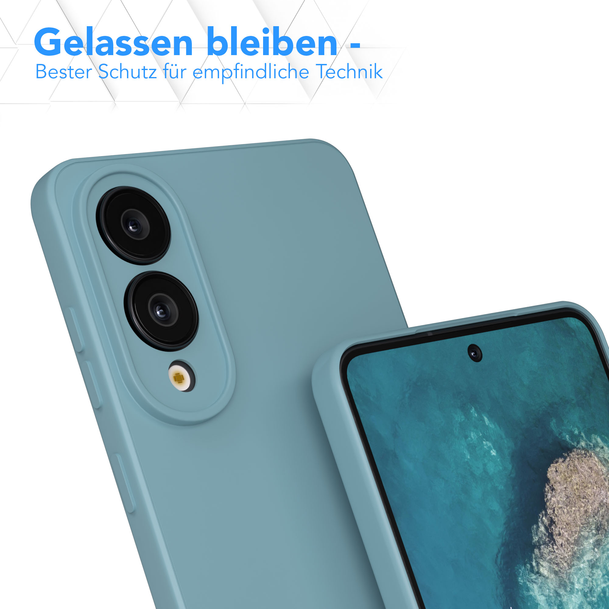Eine türkisfarbene Handyhülle mit zwei Kameralinsen. Ein Telefonbildschirm zeigt eine Meereslandschaft. Text: 'Gelassen bleiben - Bester Schutz'.