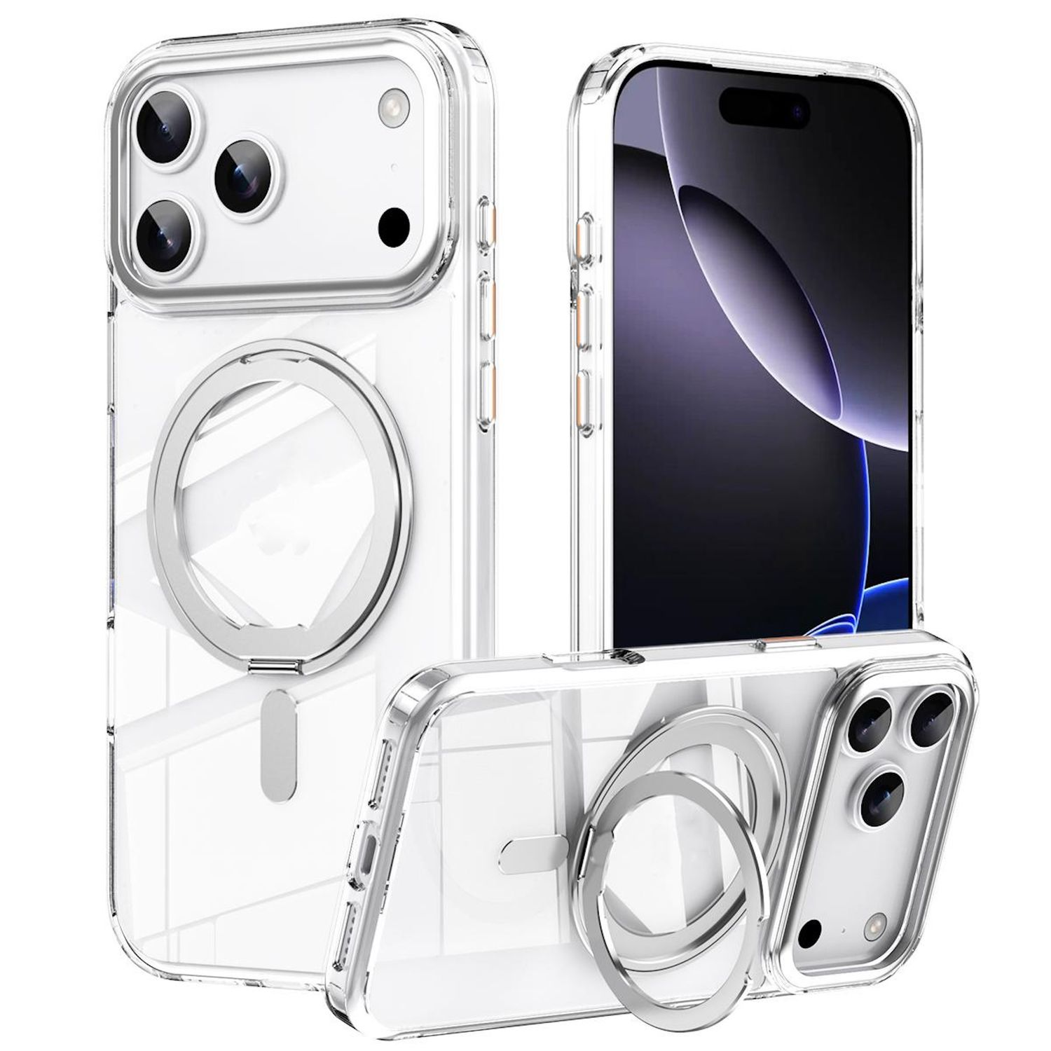 Transparente Handyhülle mit Ringständer, schützt ein Smartphone. Sichtbare Kameralinsen und Bildschirm. Klares Plastik.