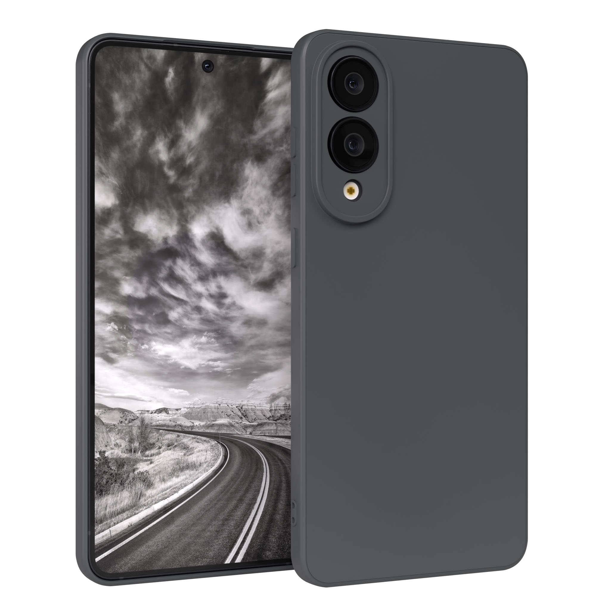Smartphone mit grauem Gehäuse. Der Bildschirm zeigt eine Schwarzweiß-Straßenszene mit bewölktem Himmel.