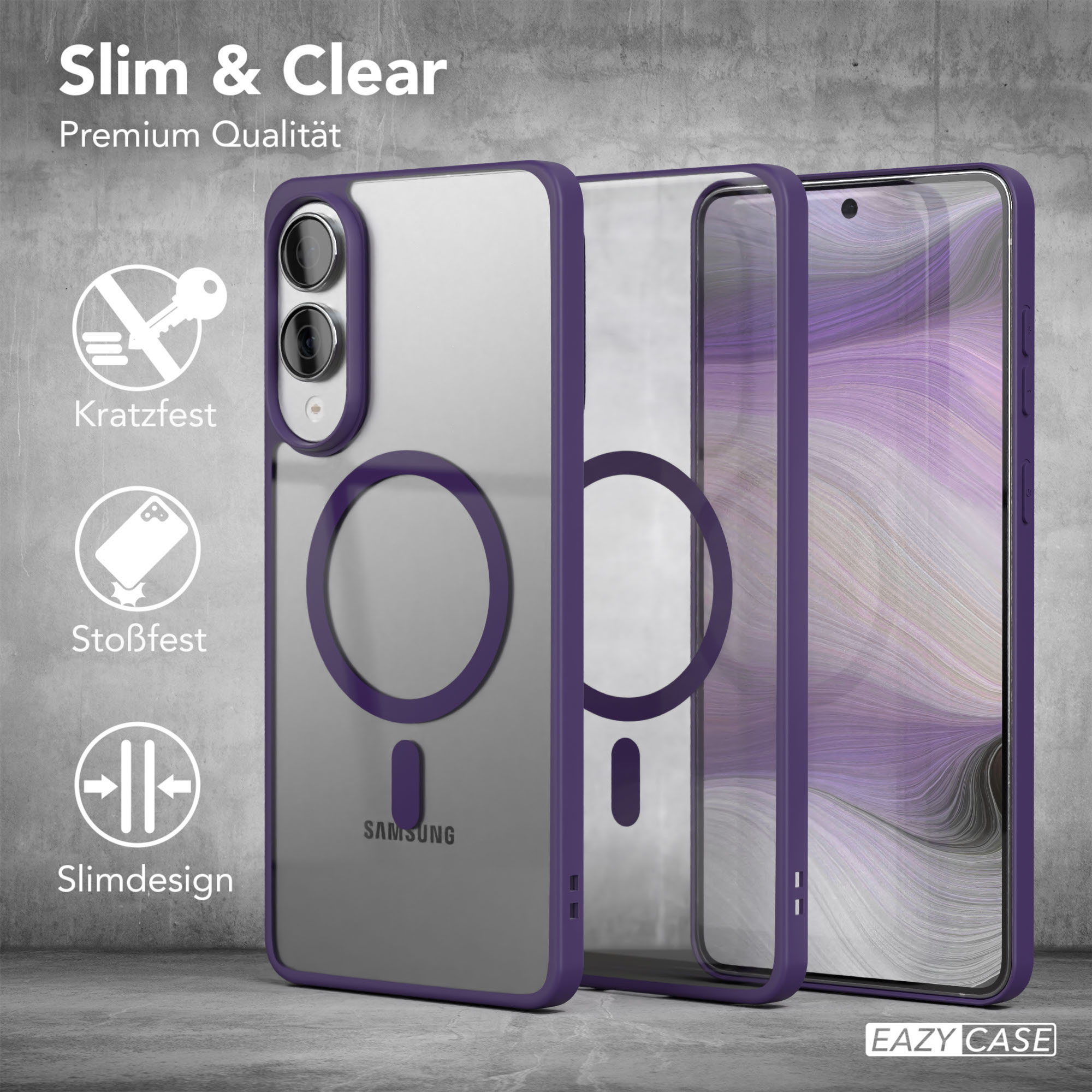 Transparente Handyhülle mit lila Rändern auf einem Handy, mit Markennamen und Funktionen. Hintergrund ist eine graue Betonmauer.
