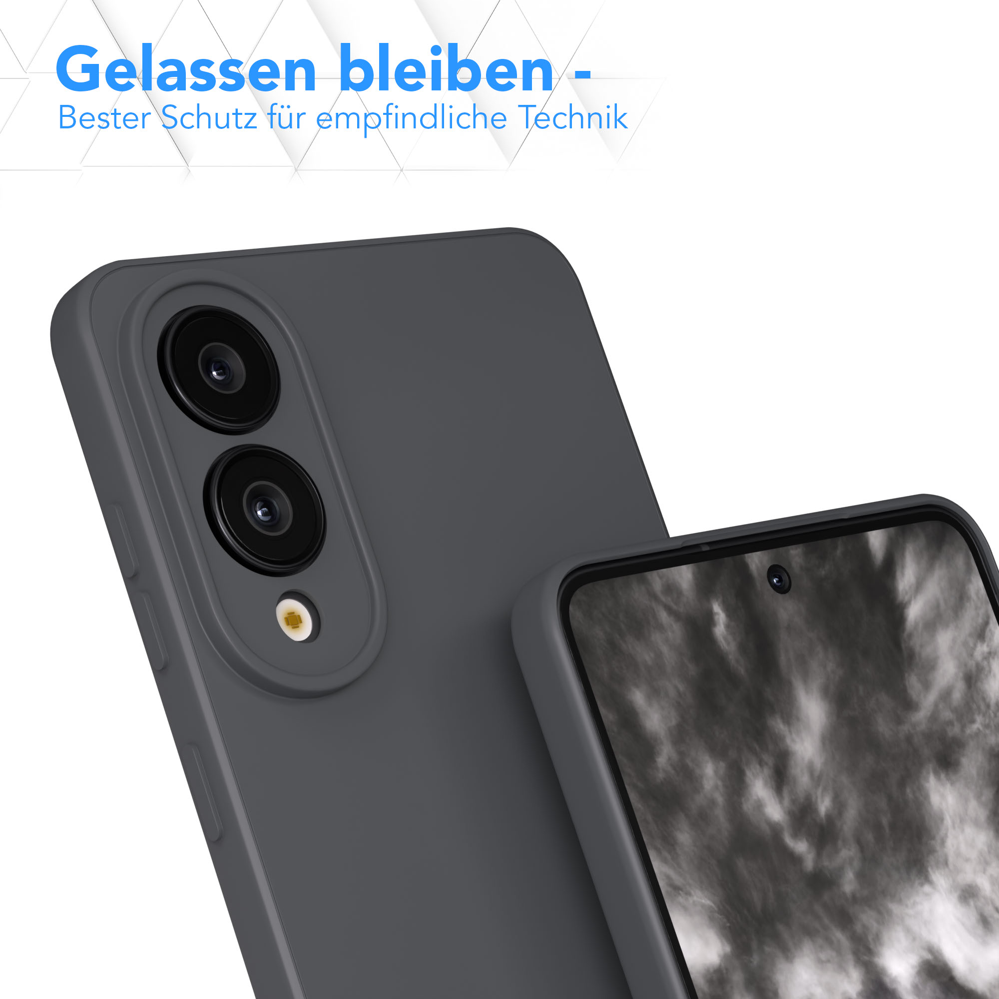 Nahaufnahme eines grauen Telefons mit zwei Kameras. Die Handyhülle ist sichtbar. Text oben: Gelassen bleiben - Bester Schutz für empfindliche Technik.