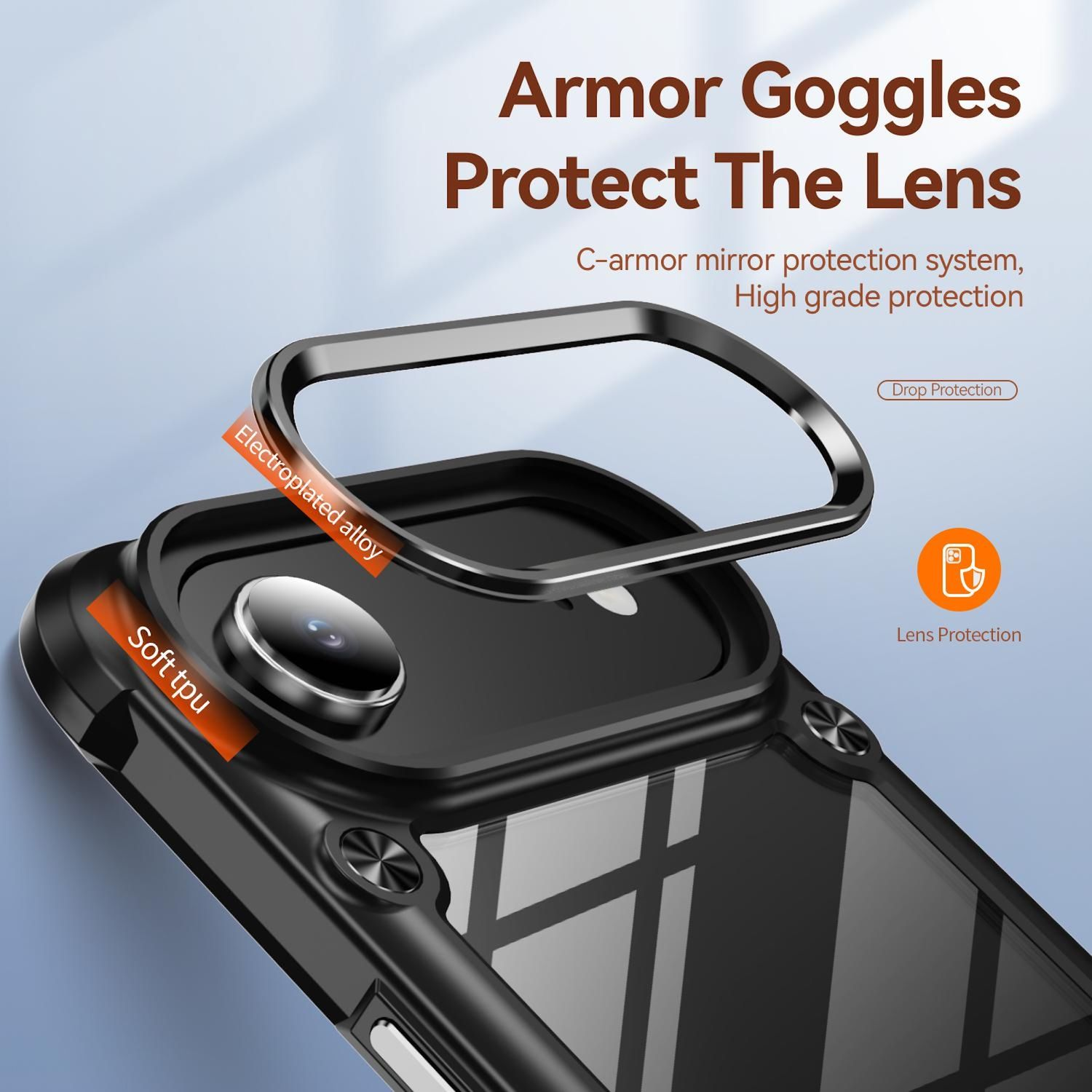 Gezeigt wird eine schwarze Handyhülle mit Linsenschutz. Sie hat einen Legierungsring und TPU-Teile. Text lautet 'Armor Goggles Protect The Lens'.
