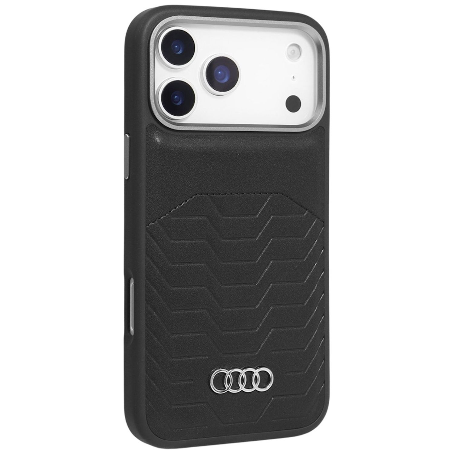 Custodia nera per telefono con logo Audi. Presenta un ritaglio per la fotocamera con più obiettivi. Motivo a spina di pesce sul retro.
