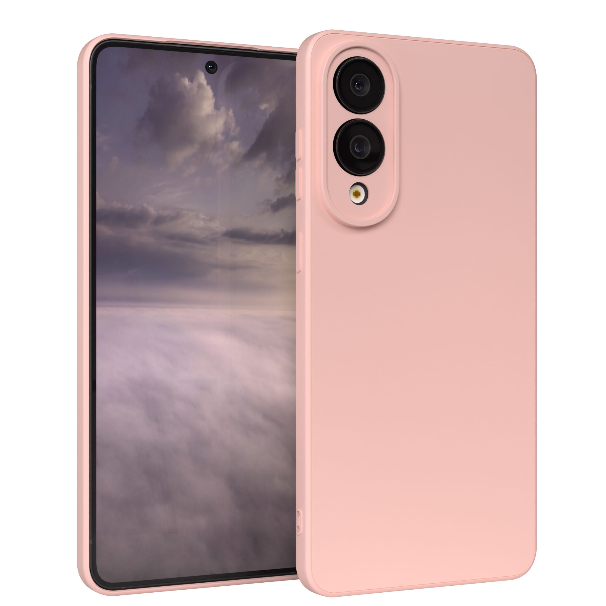 Ein rosa Smartphone mit Hülle. Zwei Kameralinsen sind sichtbar. Der Bildschirm zeigt einen bewölkten Himmel.