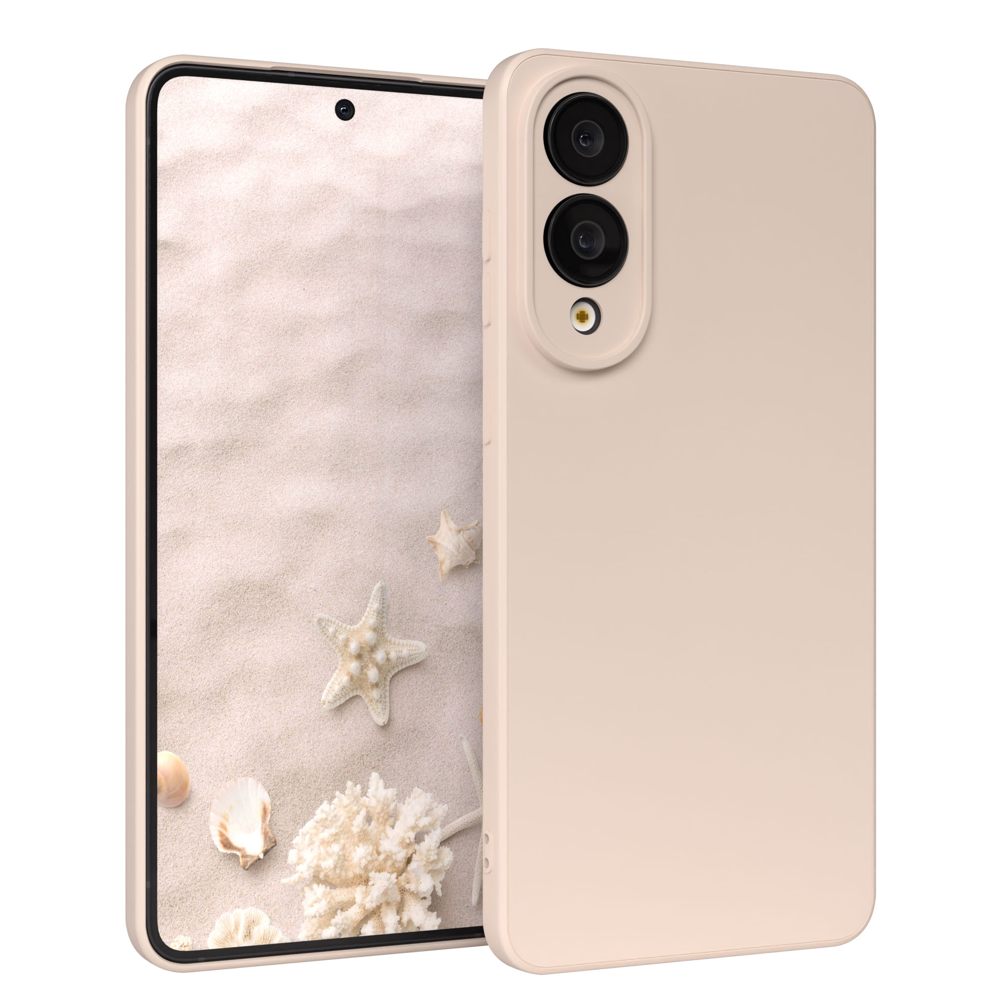 Ein Smartphone mit einer Strandszene auf dem Bildschirm. Muscheln und Seesterne sind auf dem Bildschirm. Das Telefon hat eine Schutzhülle.