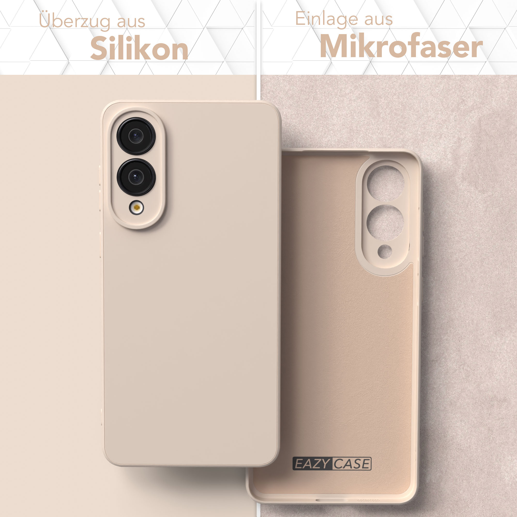 Eine Handyhülle, beige Silikonaußenseite und Mikrofaserinnenseite. Text: Überzug aus Silikon, Einlage aus Mikrofaser, und EAZY CASE Logo.