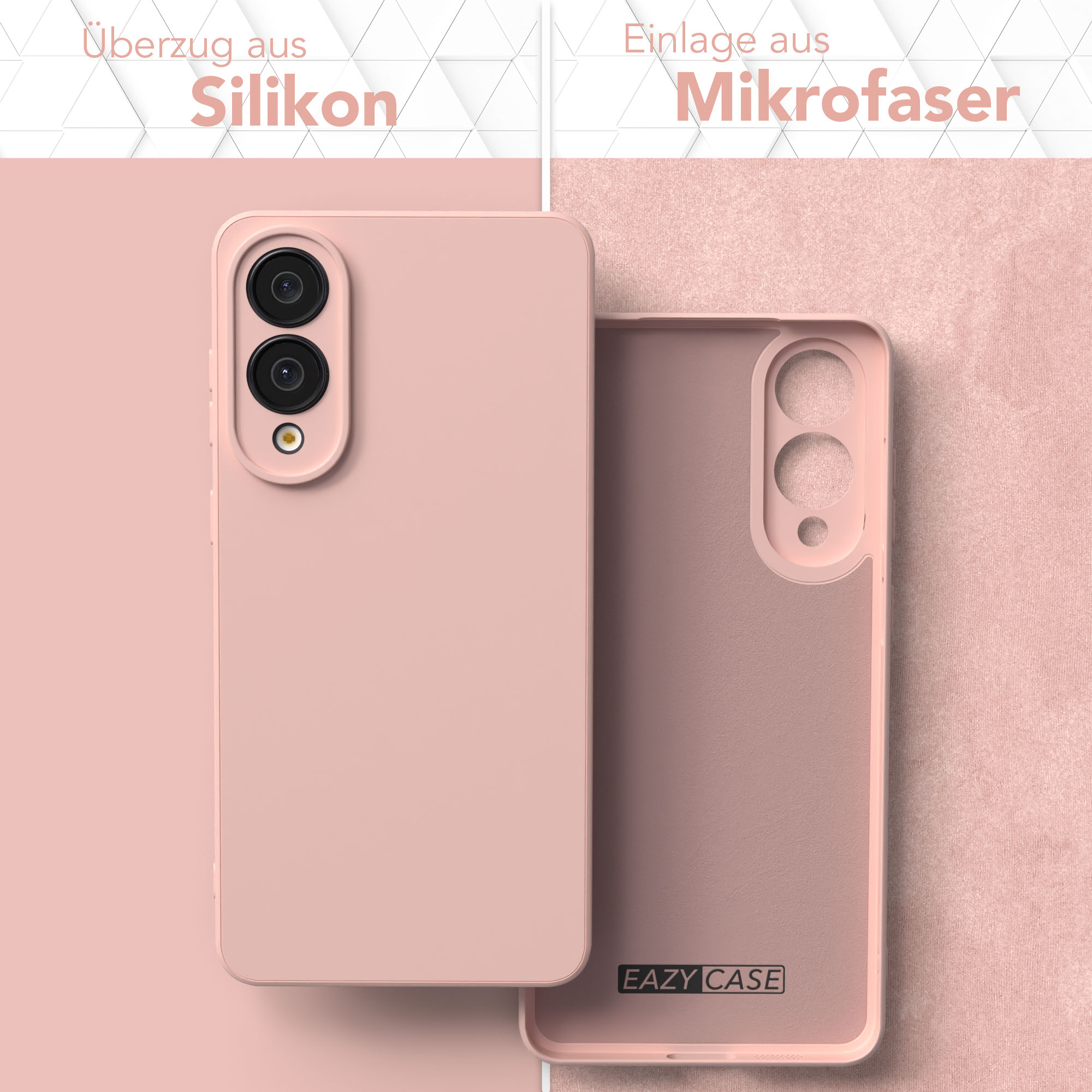 Hälften der rosa Handyhülle. Eine zeigt Kameraausschnitte, die andere hat ein Mikrofaser-Innenfutter. Eazy Case-Logo sichtbar.