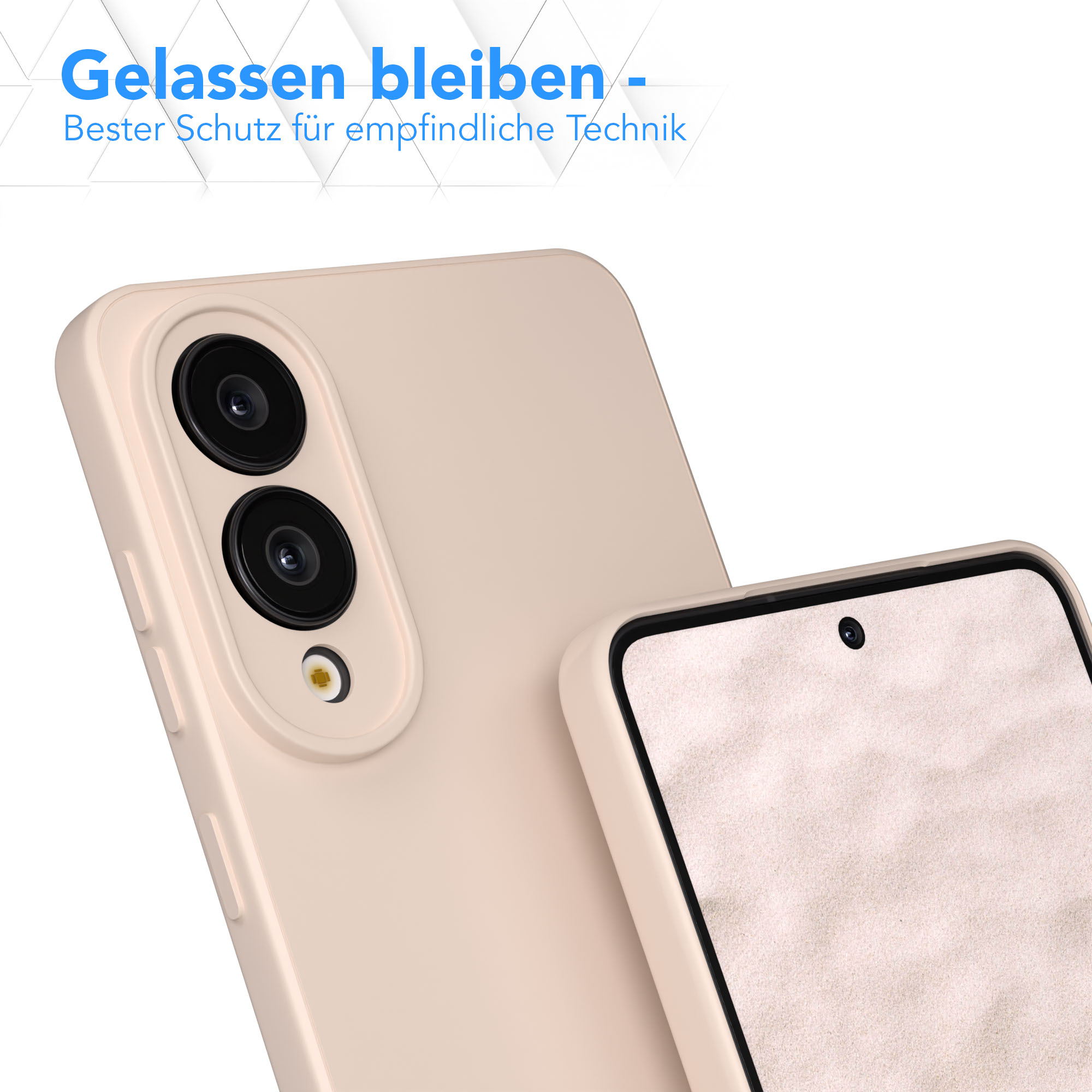 Ein Telefon mit cremefarbenem Gehäuse und zwei Kameralinsen wird gezeigt. Der Bildschirm eines zweiten Telefons ist sichtbar.