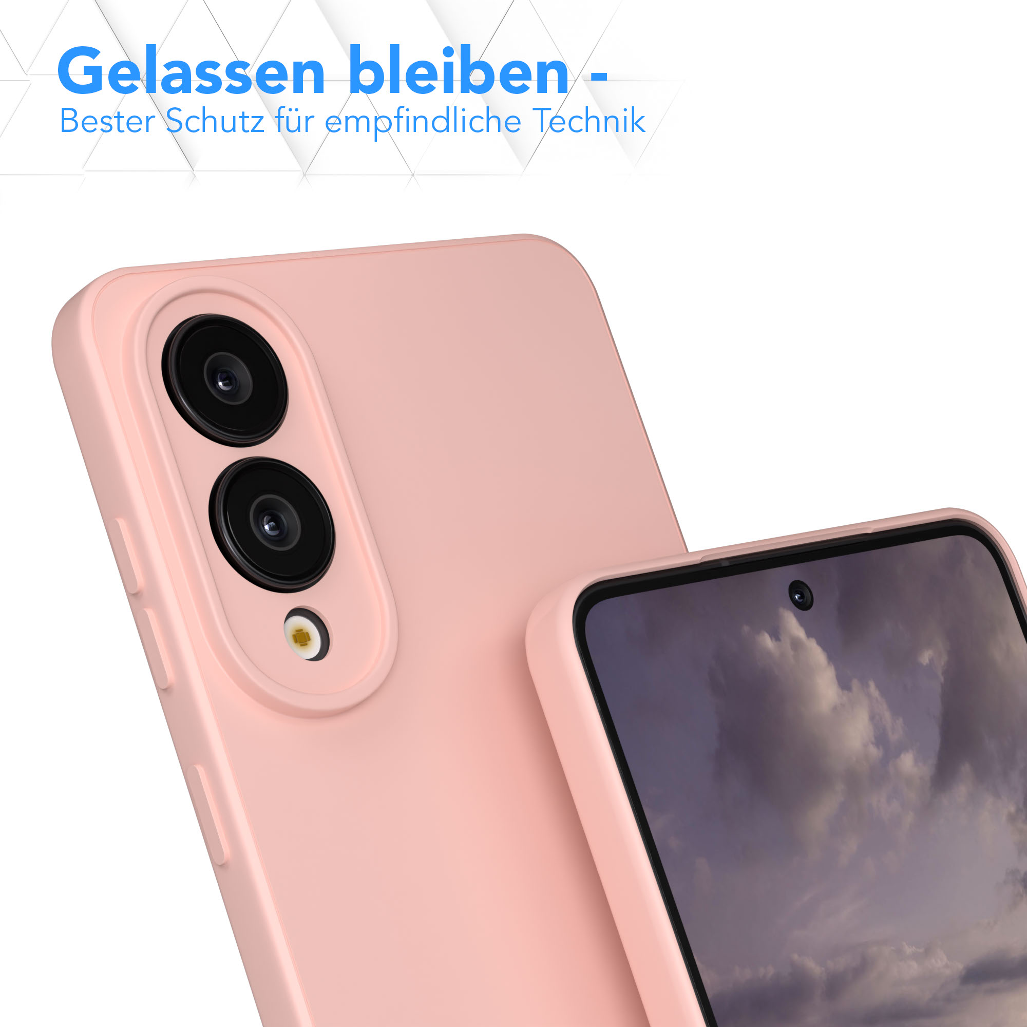 Zwei rosa Handyhüllen, eine mit Kameralinsen, eine mit einem Bildschirm, der einen bewölkten Himmel zeigt. Deutscher Text oben.
