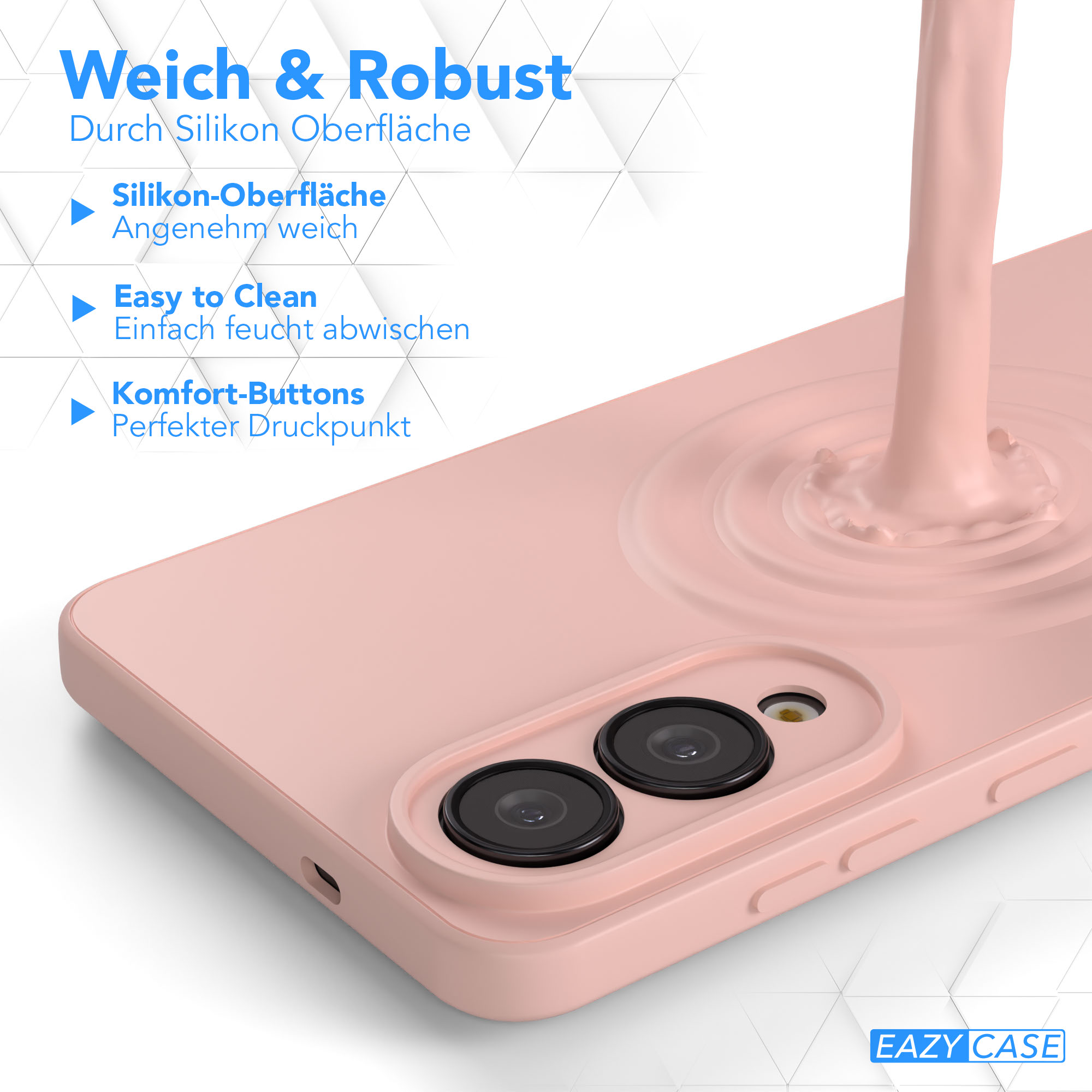 Eine rosa Handyhülle mit zwei Kameralinsen wird mit einem Flüssigkeitsguss gezeigt, der Merkmale wie Silikonoberfläche hervorhebt.