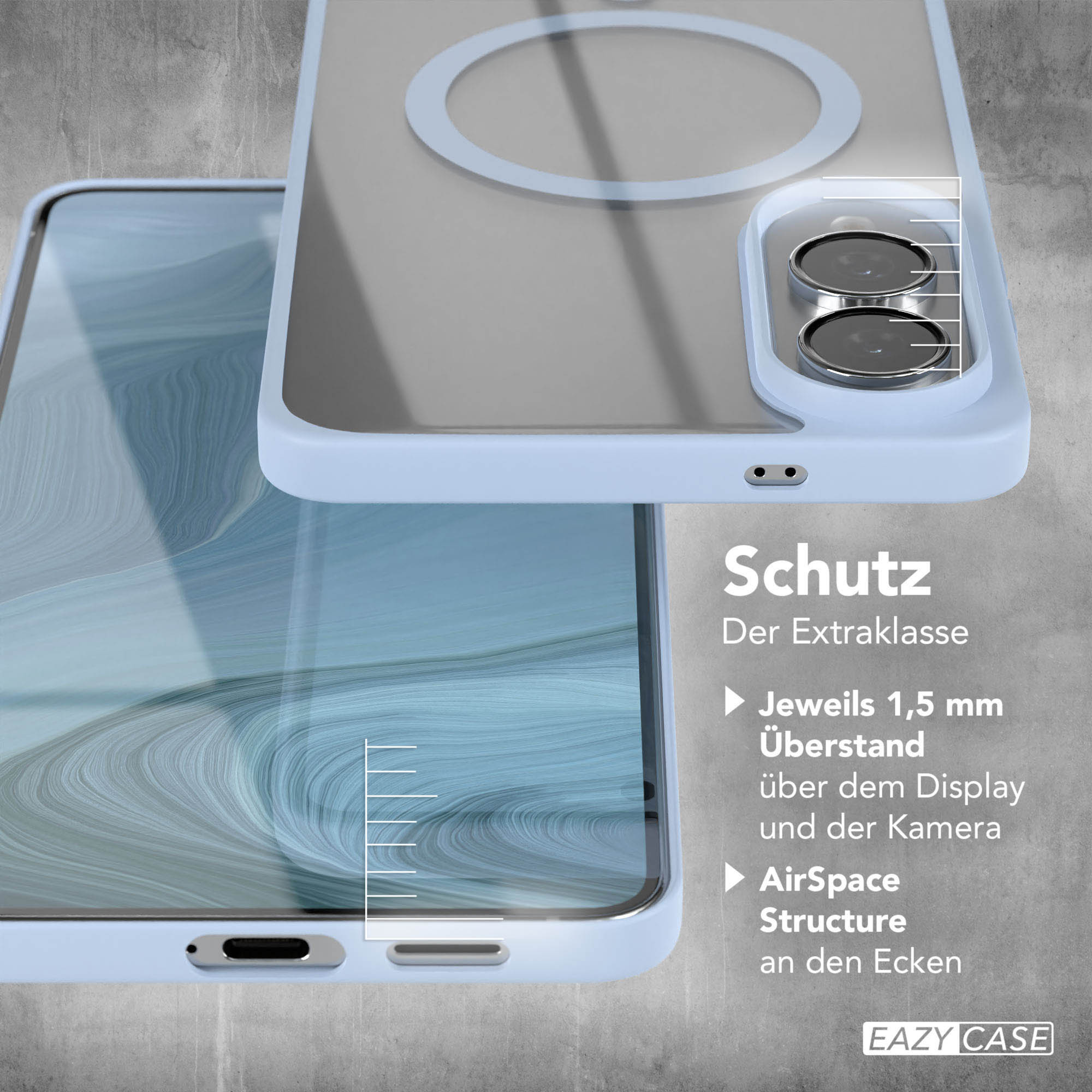 Eine Handyhülle wird gezeigt, mit einem Telefon darin. Funktionen umfassen Kameraschutz und Eck-Luftraum.