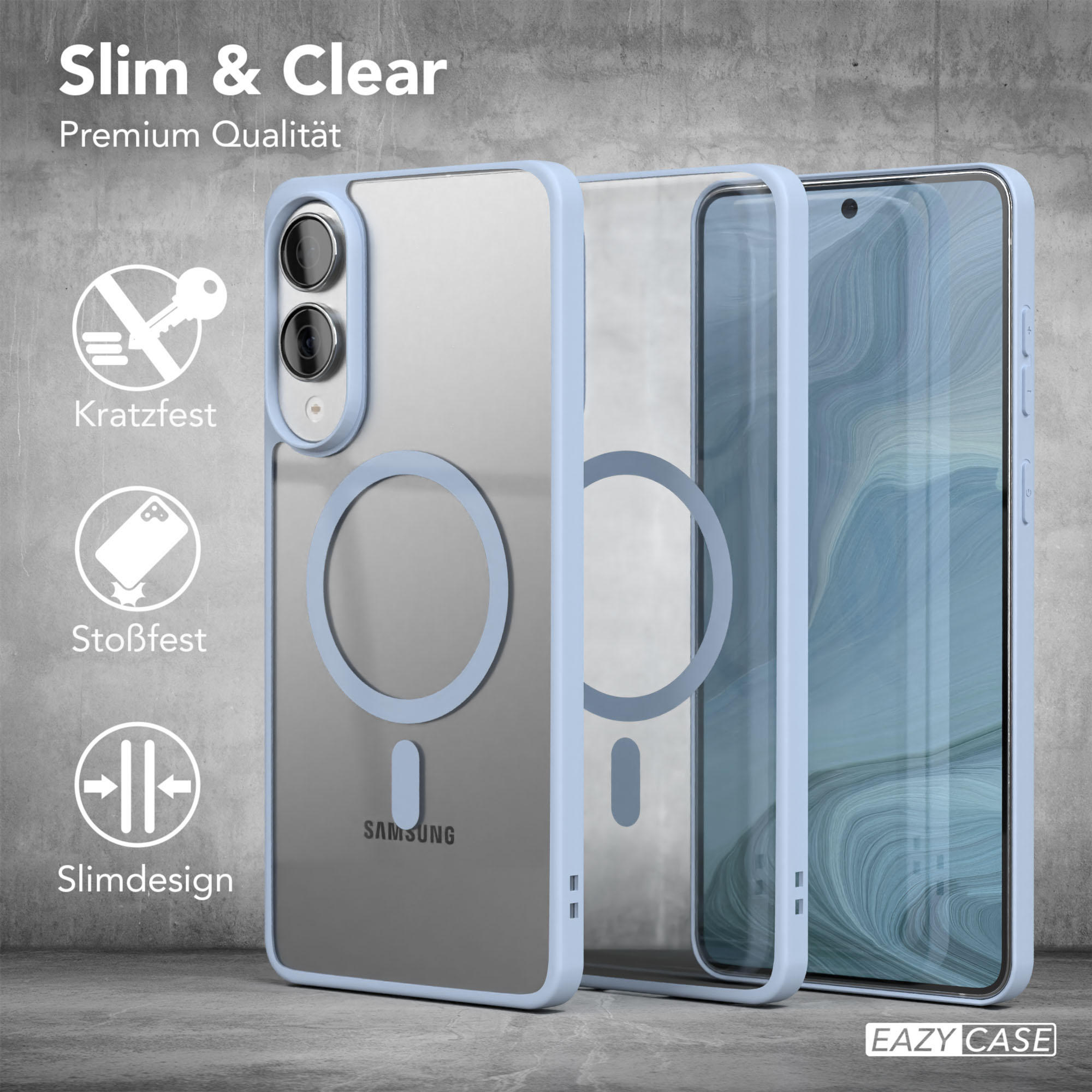 Eine transparente Handyhülle und ein Displayschutz stehen vor einem Telefon. Die Hülle hat einen hellblauen Rand und einen Magnetkreis.