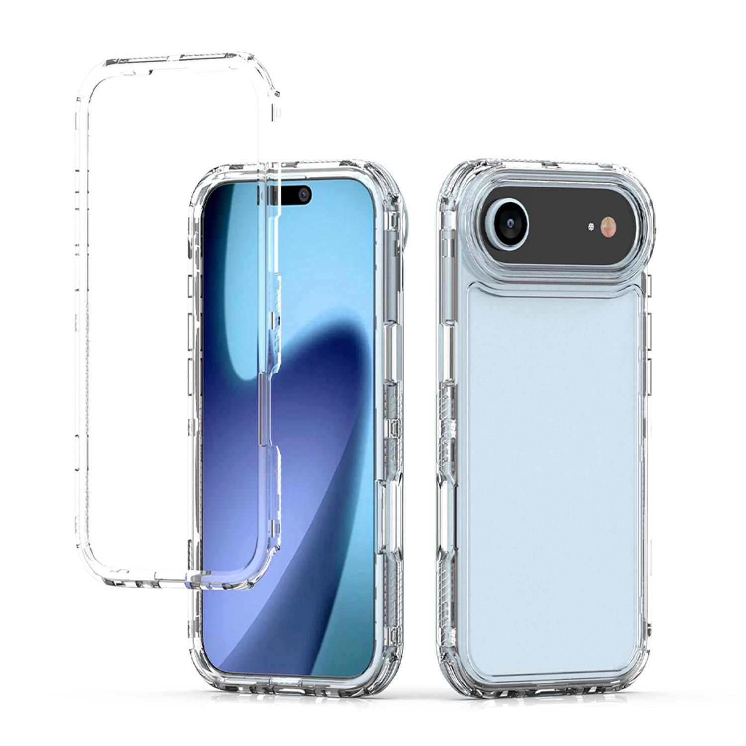 Tres fundas transparentes para teléfono. Una desmontada, dos montadas. Las pantallas del teléfono muestran un degradado azul.