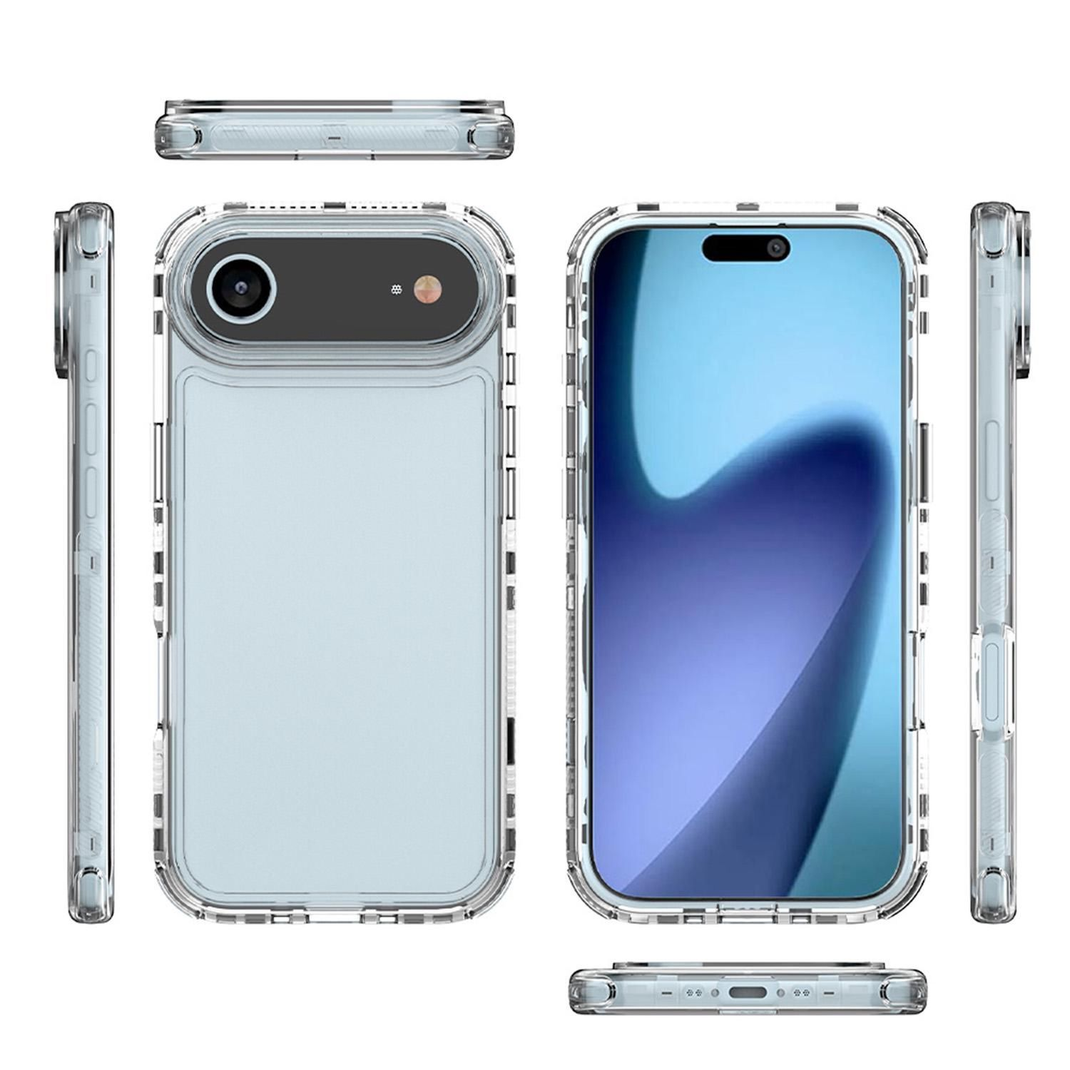 Fundas transparentes para teléfonos que muestran diferentes ángulos de un teléfono. Las fundas están alrededor de los teléfonos, mostrando la cámara, la pantalla y los botones laterales.