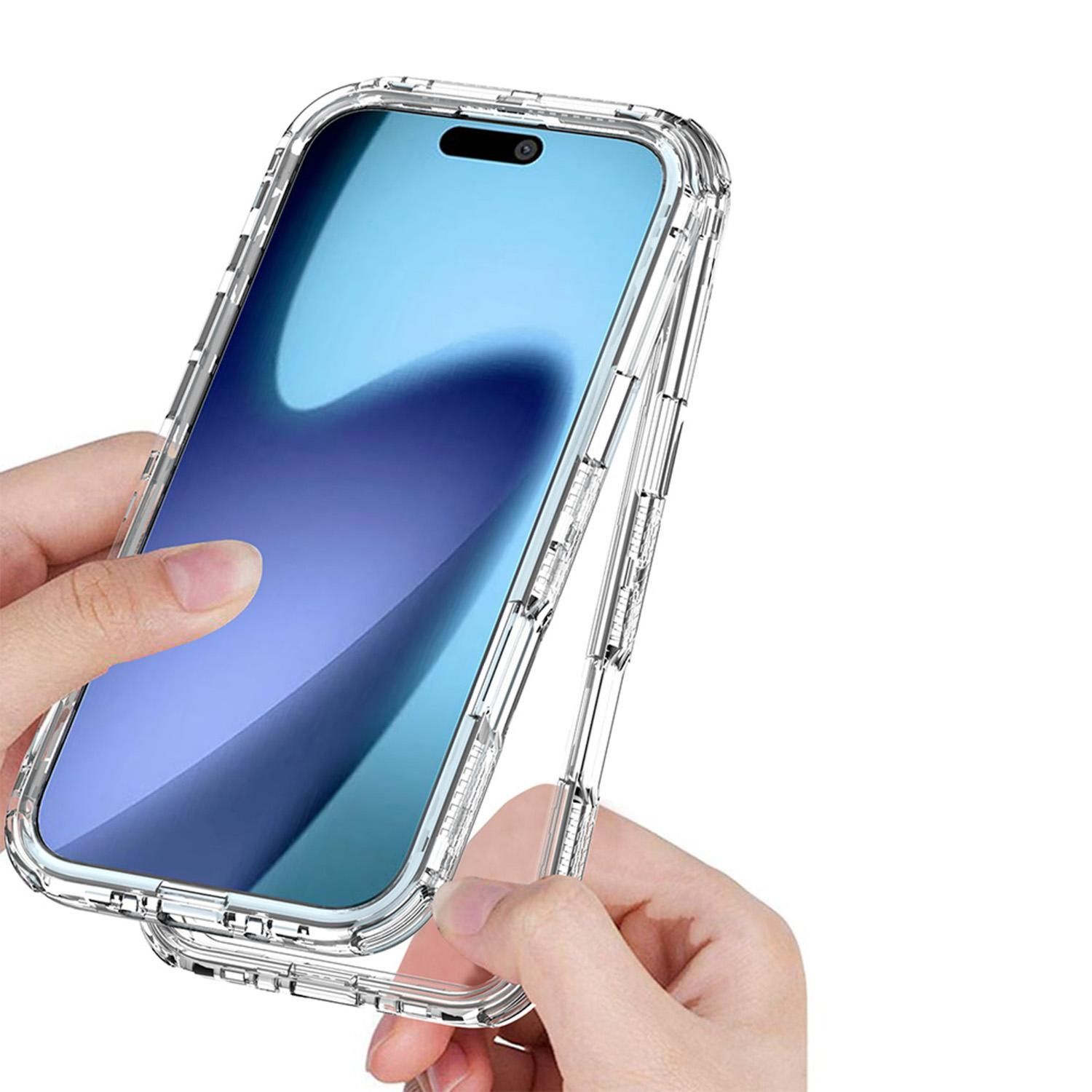 Manos sosteniendo una funda transparente para teléfono alrededor de un teléfono inteligente con pantalla azul.