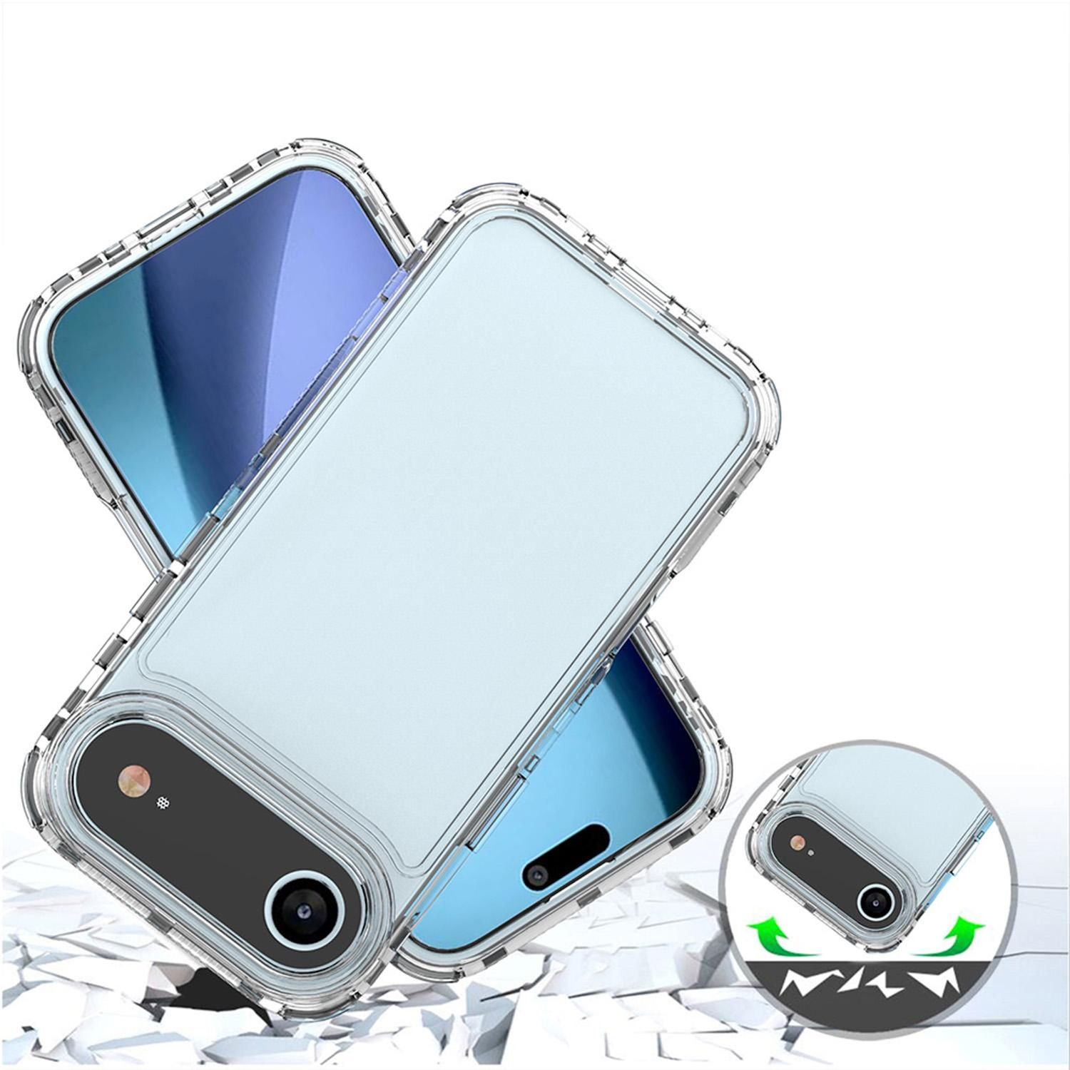 Dos fundas transparentes para teléfono con teléfonos dentro. Una está ligeramente detrás de la otra. El fondo es blanco y tiene pedazos rotos.