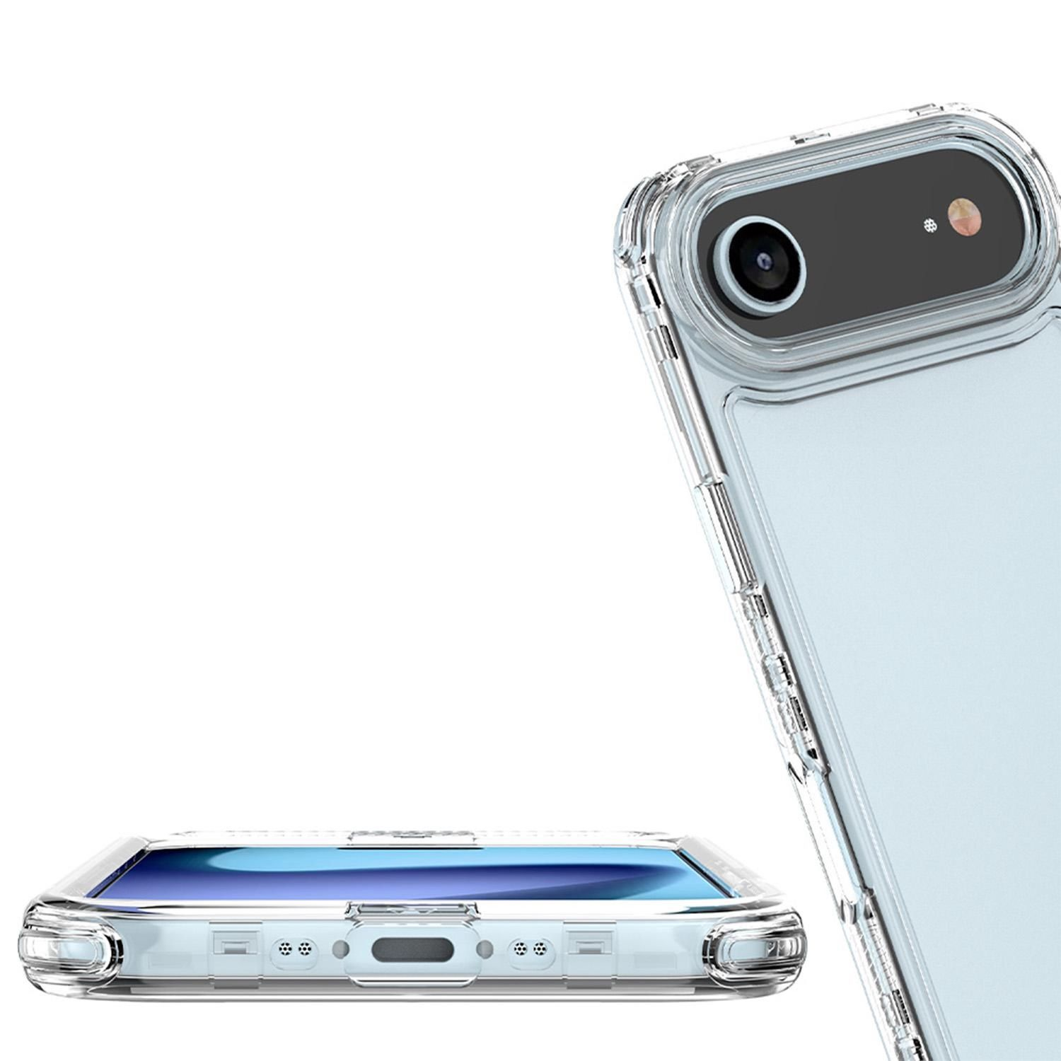 Funda transparente para teléfono, en ángulo. Lente de cámara visible en la parte superior derecha. Otra sección de la funda en la parte inferior.