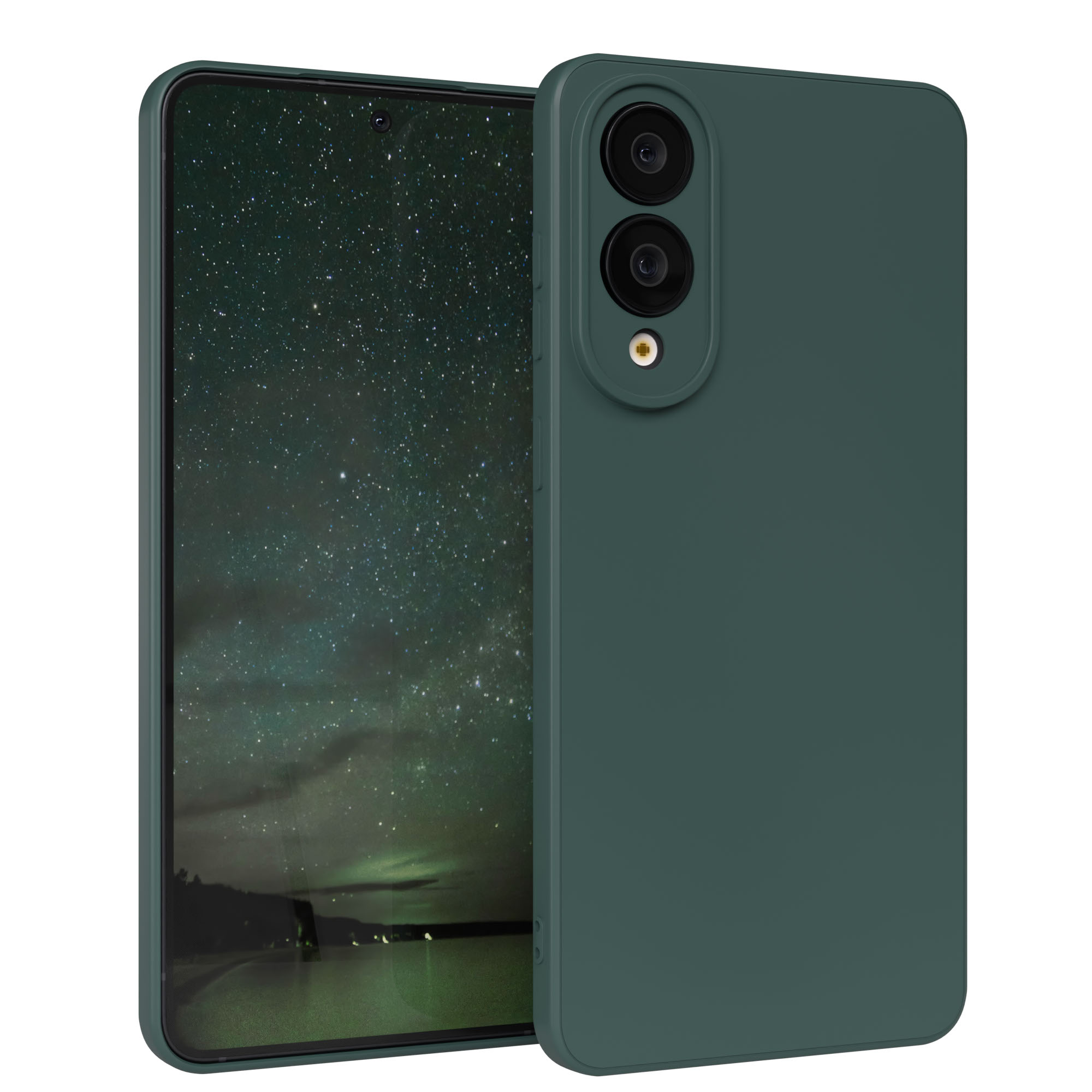 Dunkelgrünes Smartphone mit Sternennacht-Display. Das Telefon hat ein Kameramodul auf der Rückseite.