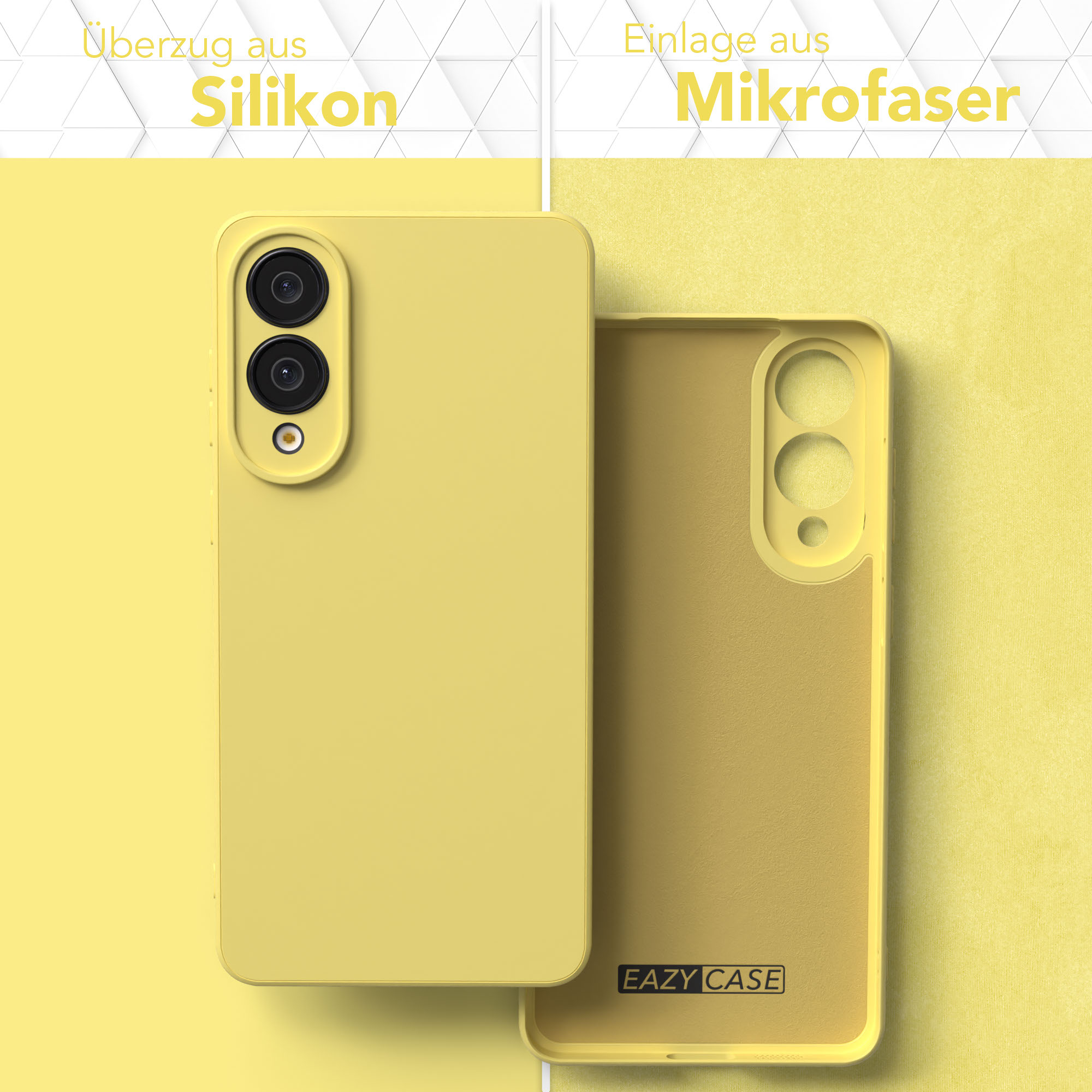 Gelbe Handyhülle und ihr Innenteil, die das Material beider zeigen. Der Text oben lautet 'Silikon' und 'Mikrofaser'.