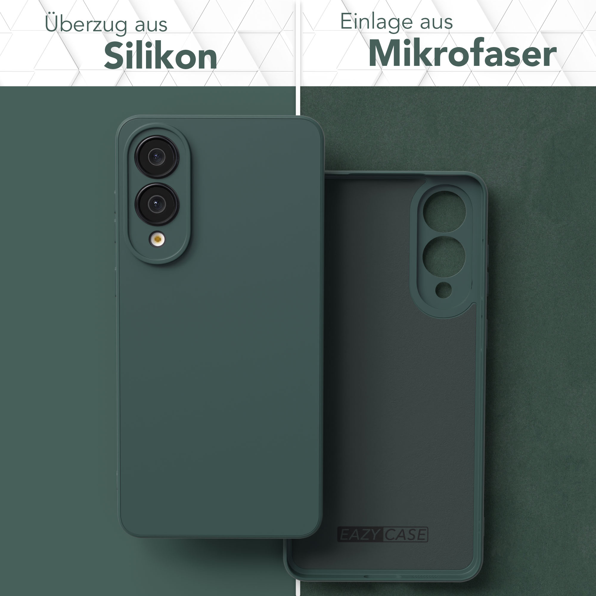 Grüne Handyhülle mit Silikonhülle und Mikrofaser-Innenfutter, die die Kamera des Telefons zeigt. Dunkelgrüner Hintergrund.