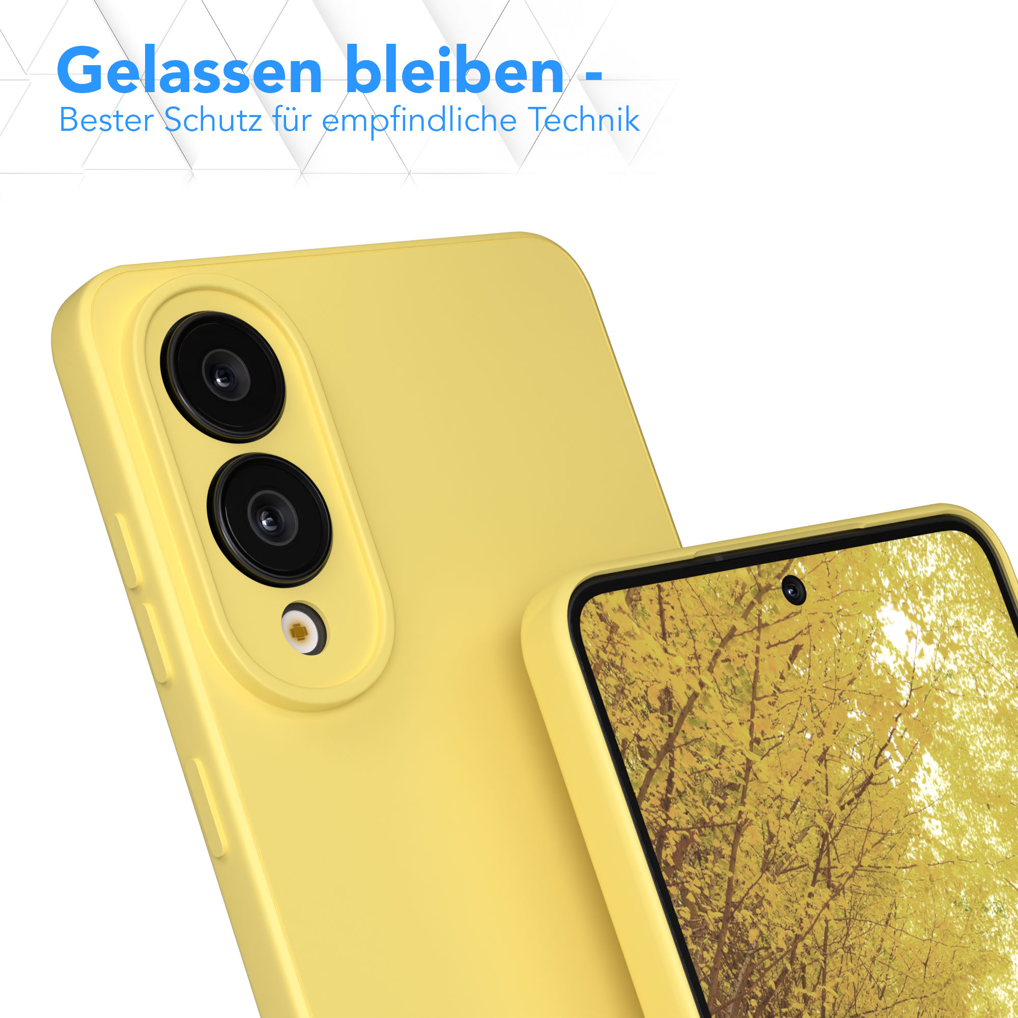 Gelbe Handyhülle mit Herbstbäumen auf dem Bildschirm. Zwei Kameralinsen. Weißer Hintergrund mit blauem Text.