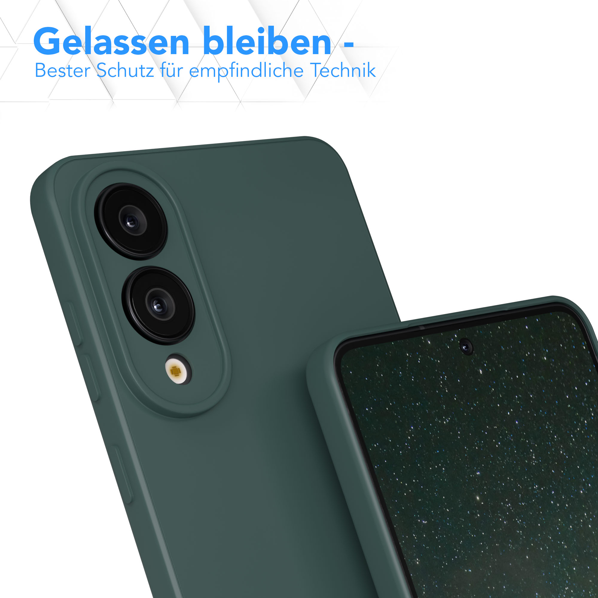 Nahaufnahme einer grünen Handyhülle mit Kameralinsen. Ein Handy-Bildschirm mit Sternennacht. Weißer Hintergrund.