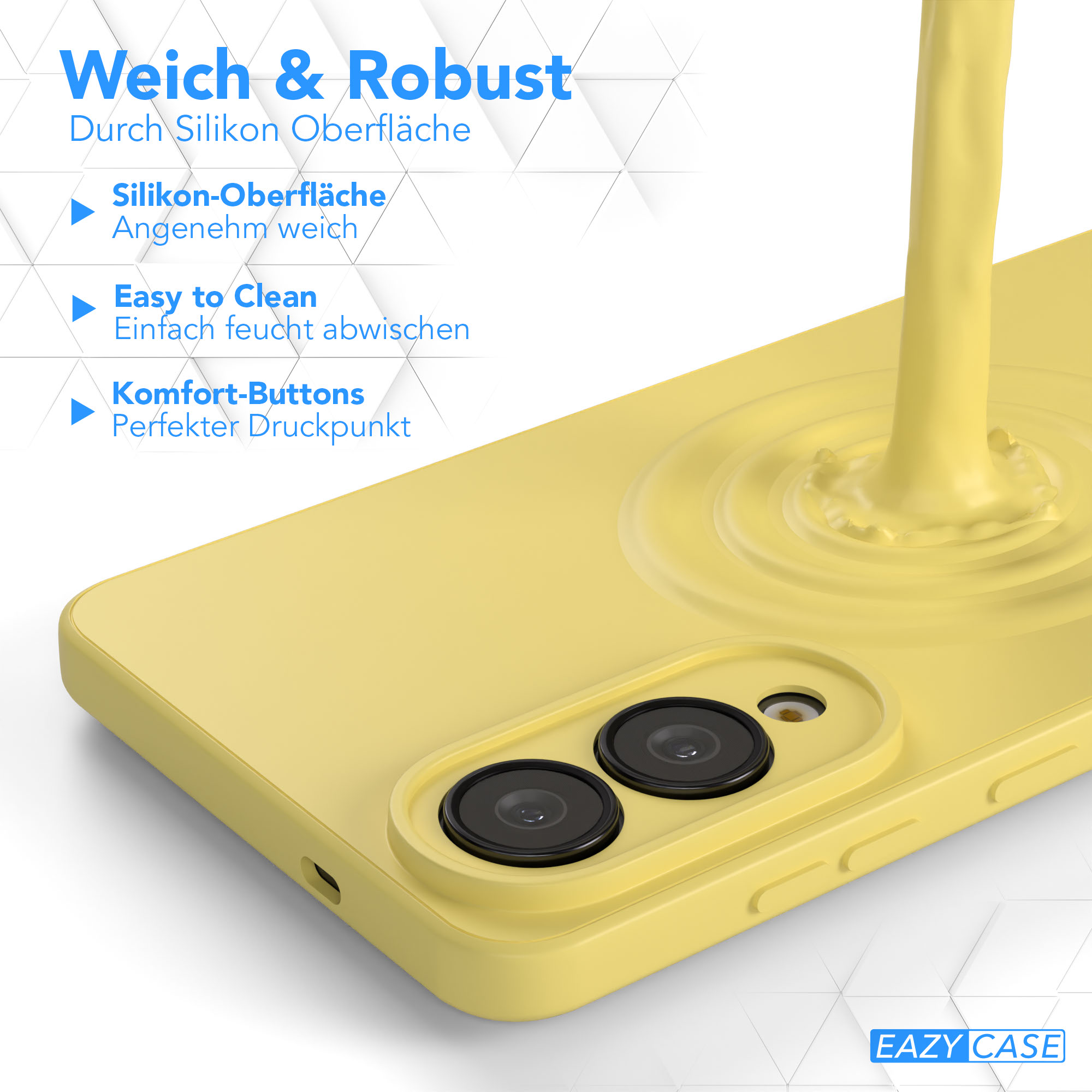 Gelbe Handyhülle mit zwei Kameralinsen, Flüssigkeit wird darauf gegossen. Text: Weich & Robust, Easy to Clean, Komfort-Buttons.