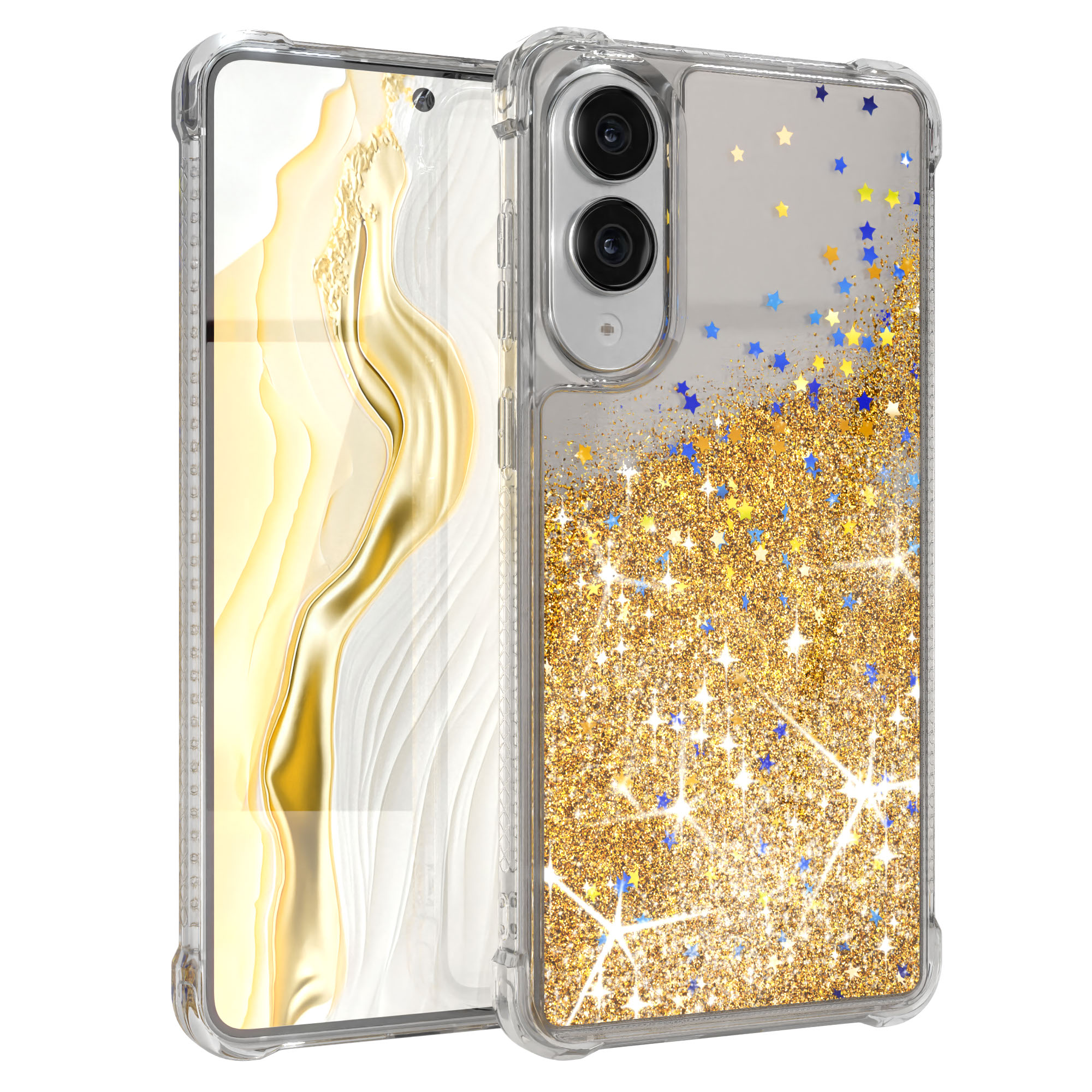 Transparente Handyhülle mit goldenem Glitzer, blauen und gelben Sternen. Telefon mit goldenem und weißem Design.