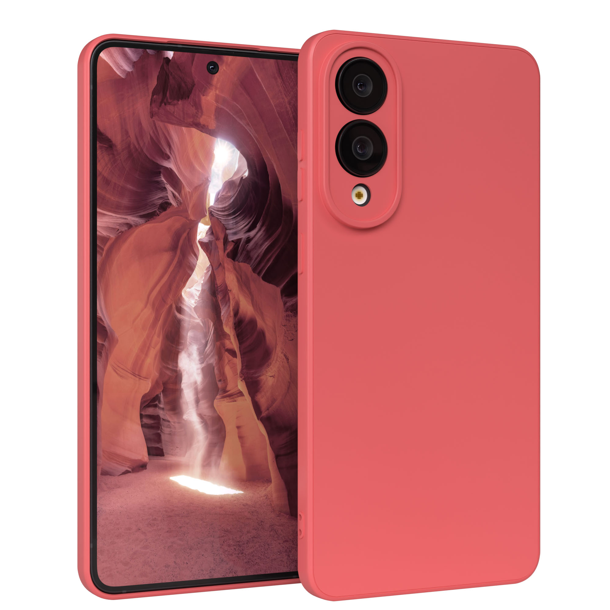 Eine korallenfarbene Handyhülle mit einem Handy, das ein Canyonbild zeigt. Die Hülle hat Kameraausschnitte. Das Telefon ist leicht angewinkelt.