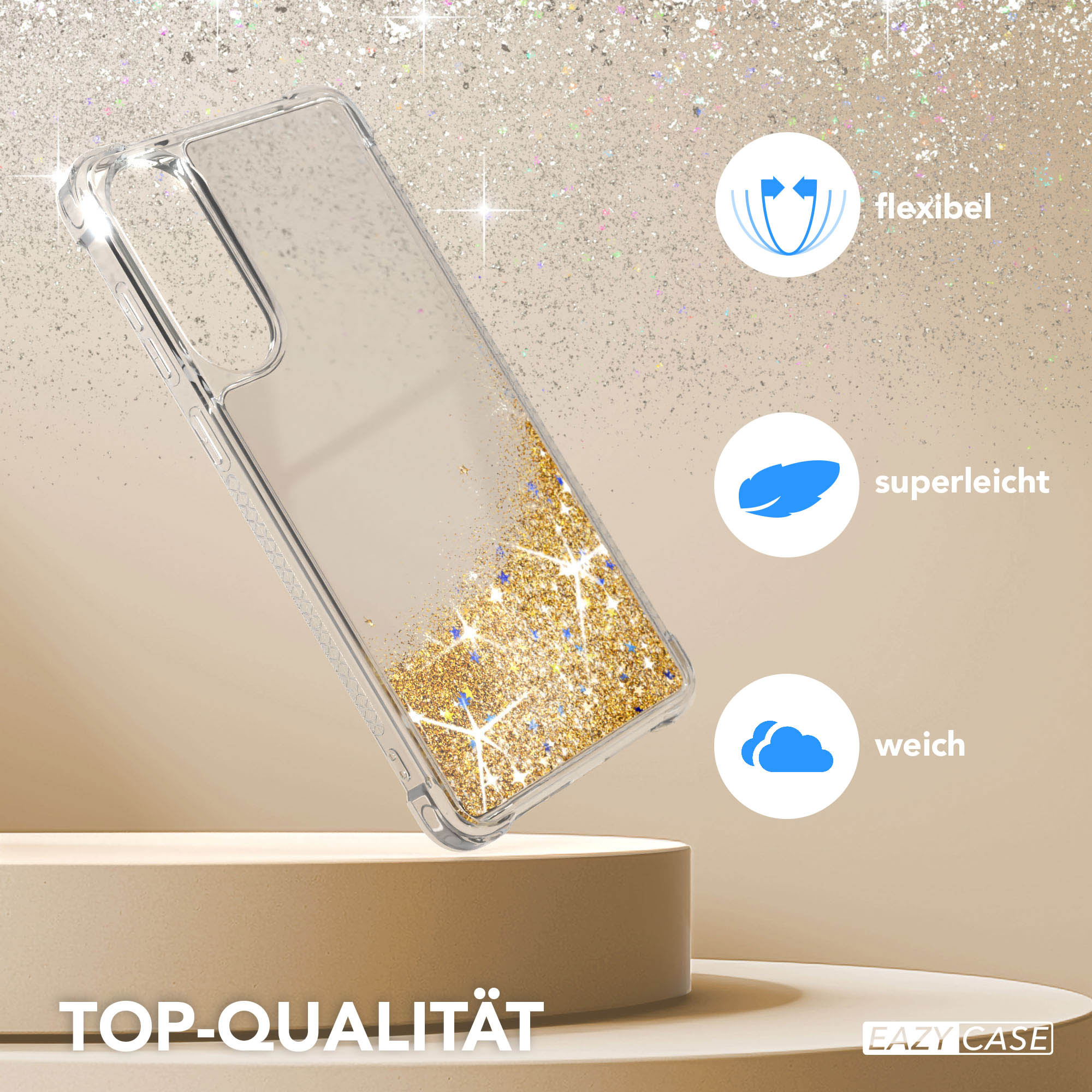 Transparente Handyhülle mit Goldglitter, auf einem beigen Ständer, mit Icons für flexibel, leicht und weich.