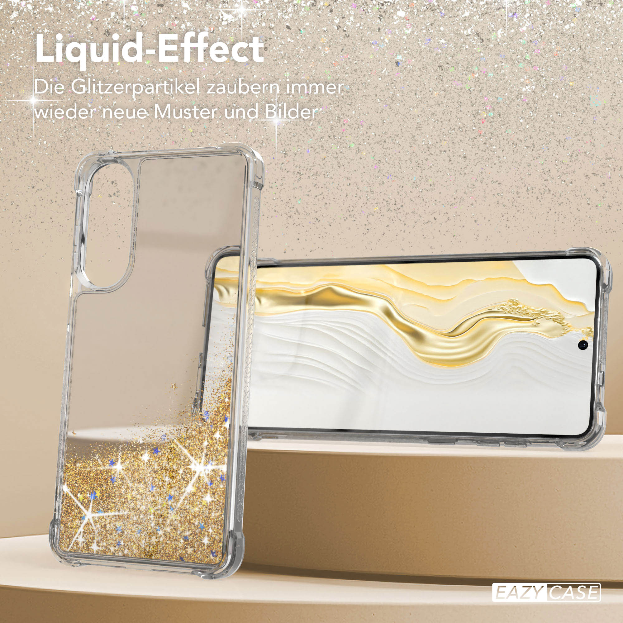 Transparente Handyhülle mit Flüssigkeits-Glitzereffekt, Glitzerhintergrund und einem Handy darin.