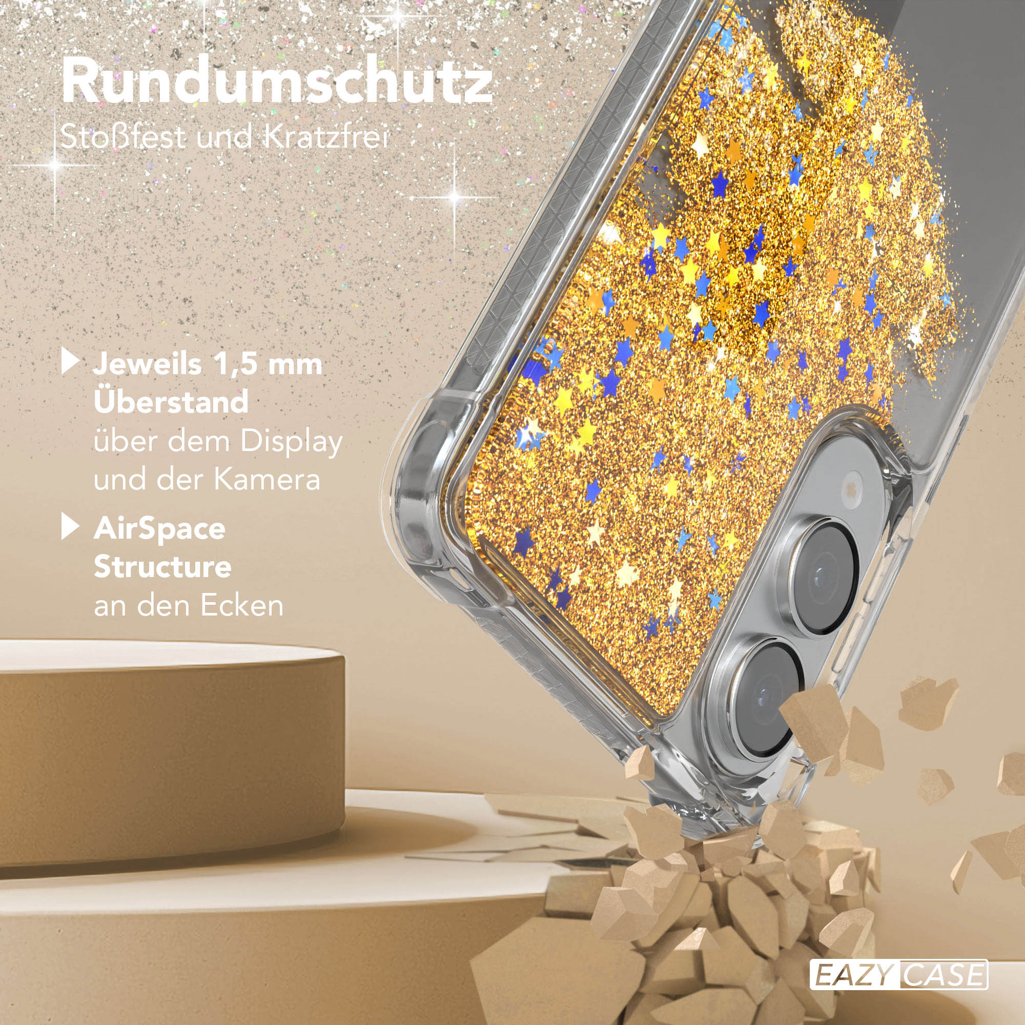 Eine Handyhülle mit Goldglitzer und Sternen. Die Handyhülle befindet sich auf einer beigefarbenen Oberfläche mit Blöcken.