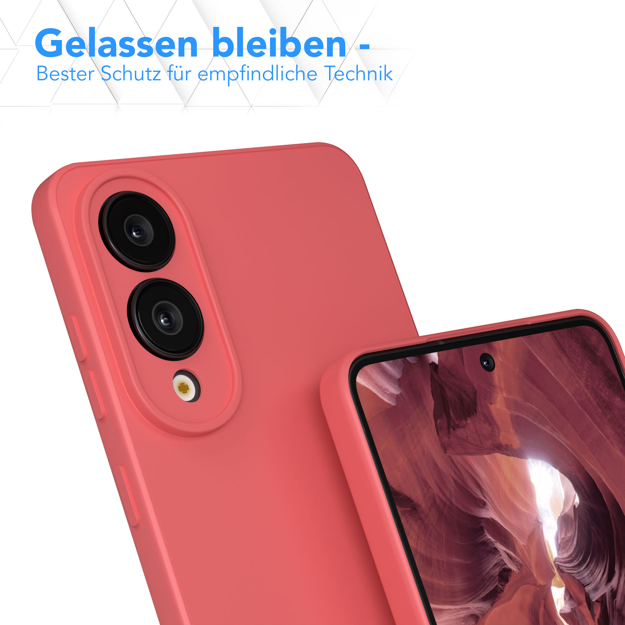 Rosa Handyhülle mit Kameralinsen. Im Hintergrund ein Handy mit Canyon-Bild.