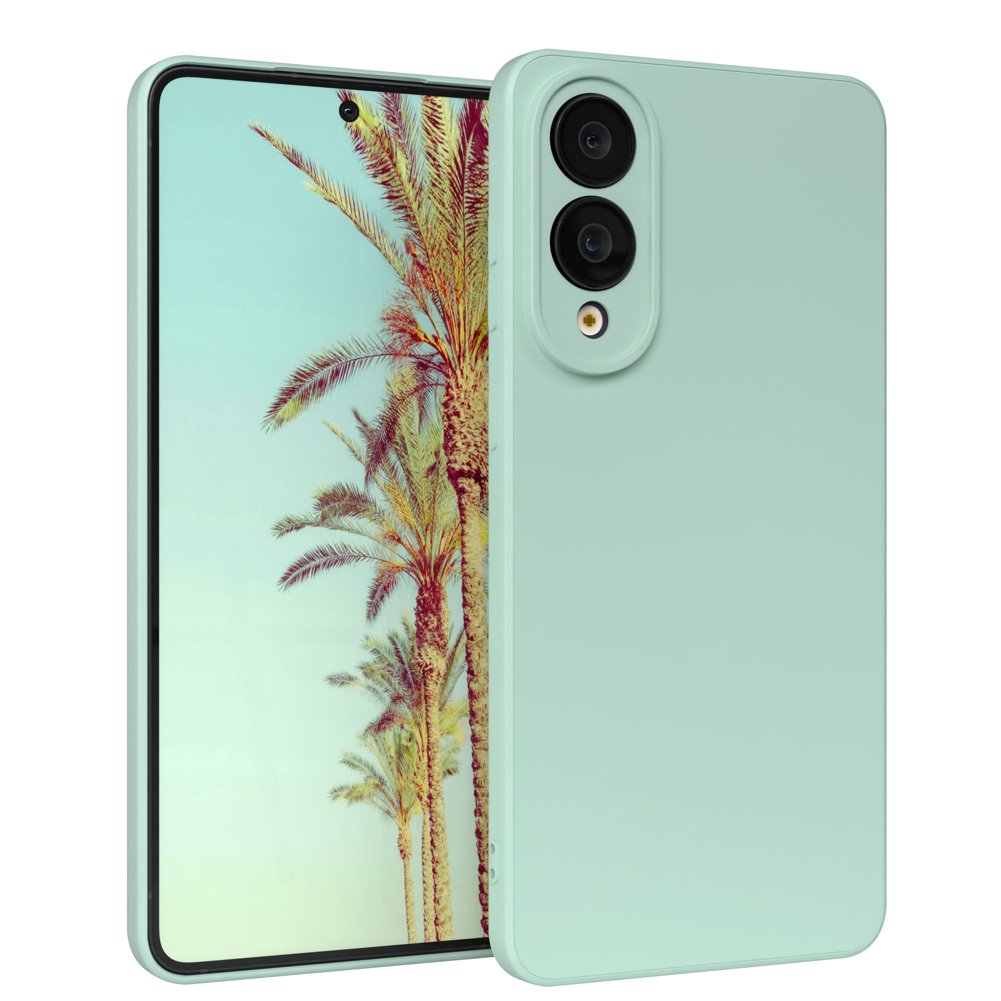 Eine mintgrüne Smartphone-Hülle mit einer Palmenlandschaft auf dem Bildschirm, vor weißem Hintergrund.