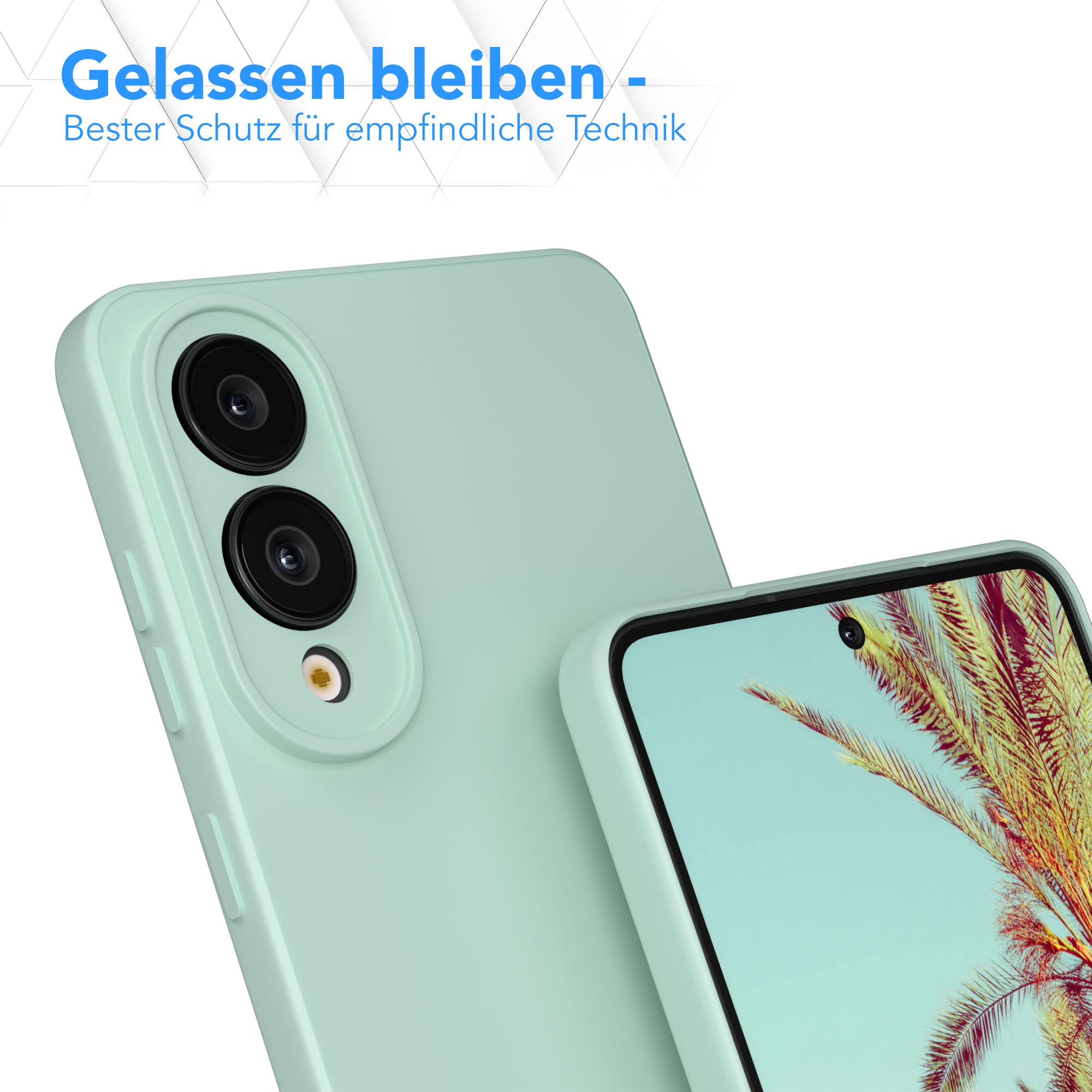 Eine mintgrüne Handyhülle mit zwei Kameralinsen. Der Telefonbildschirm zeigt eine Palme vor blauem Himmel. Text oben.