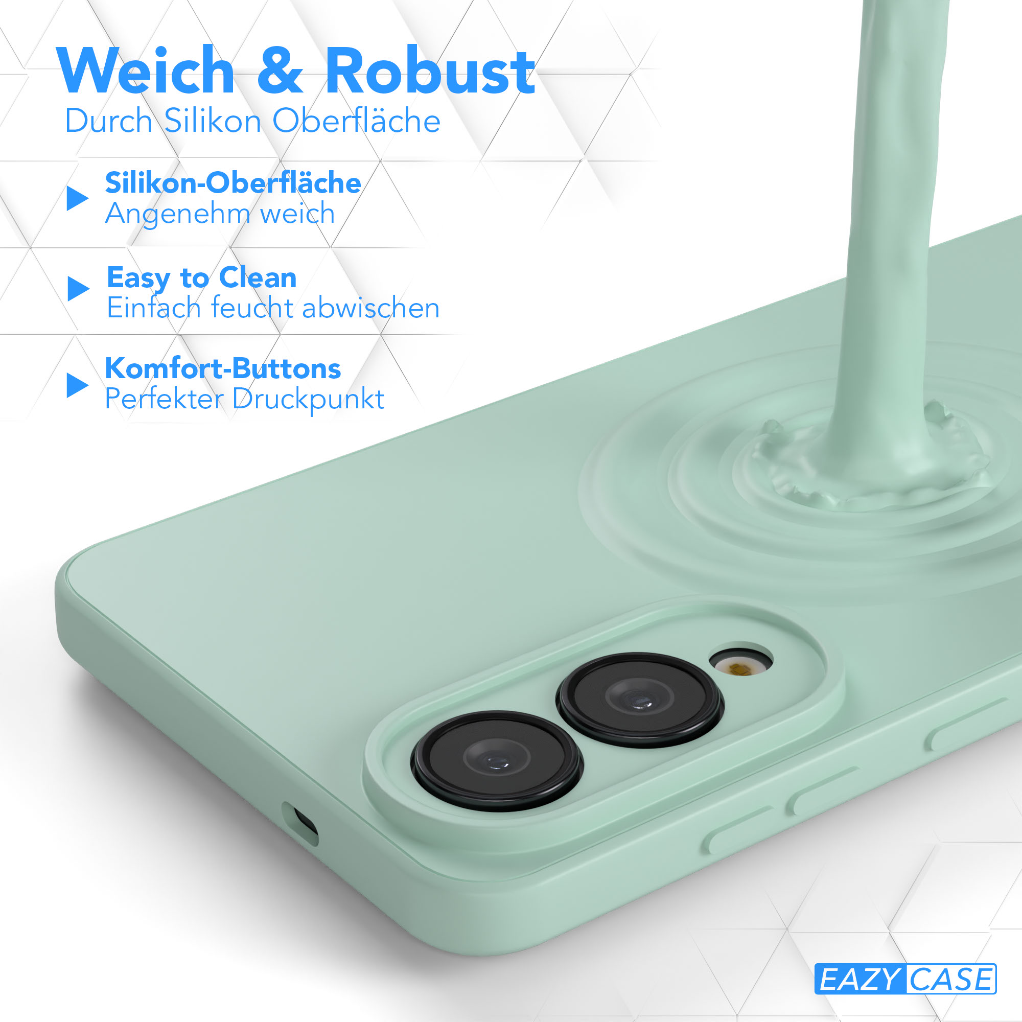Mintfarbene Handyhülle mit Flüssigkeit, die darauf gegossen wird. Sie hat zwei Kameralinsen und den Text: Weich & Robust, Easy to Clean.