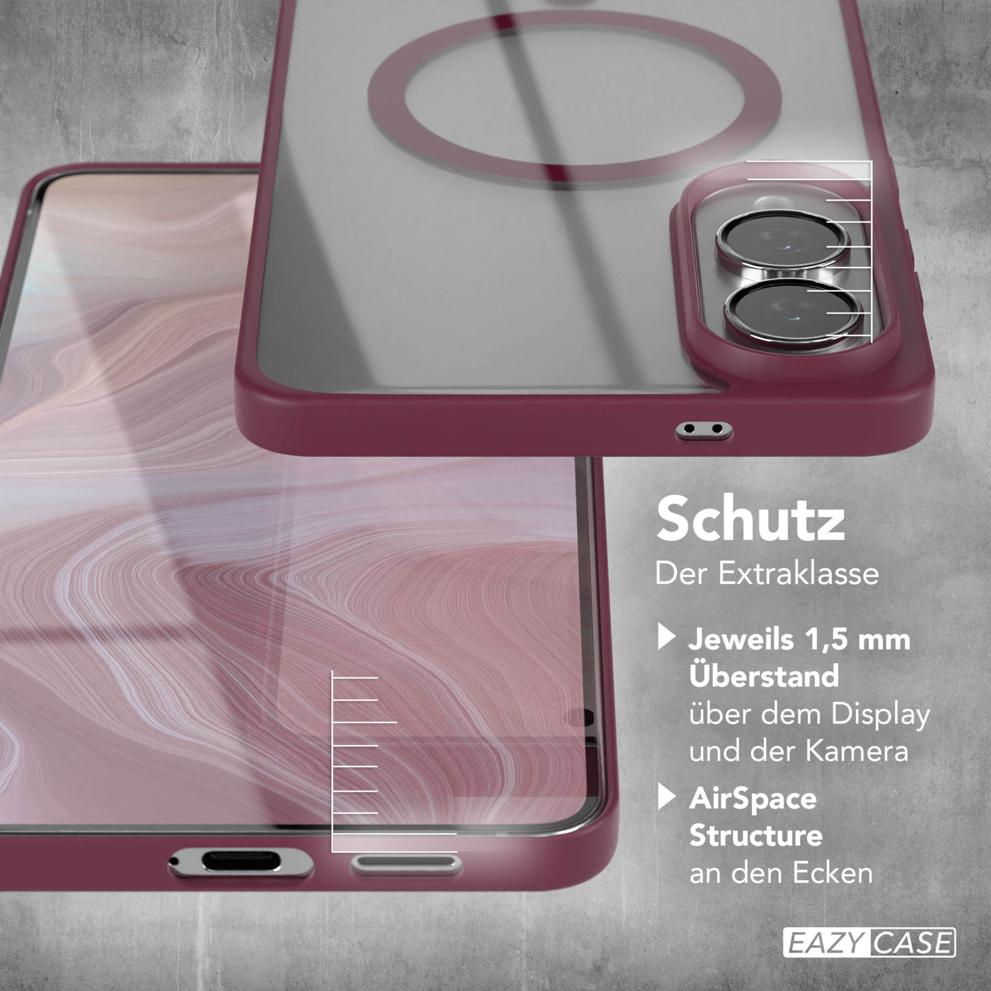 Eine Handyhülle mit durchsichtigem Rücken und bordeauxfarbenen Kanten liegt auf einer Oberfläche. Details werden gezeigt.