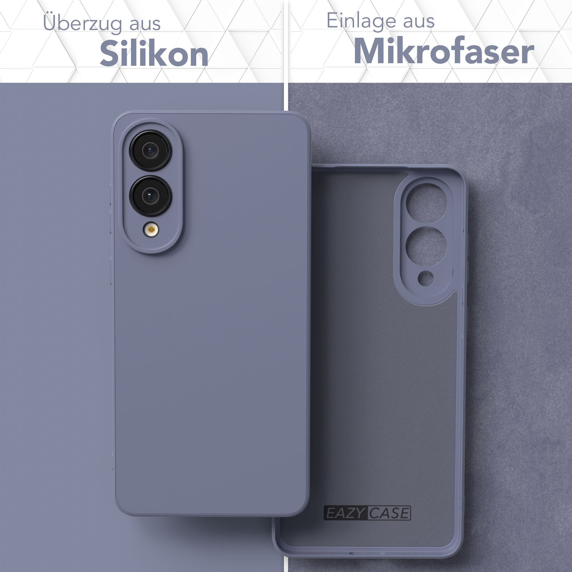 Eine Handyhülle, die die Silikonaußenseite und die Mikrofaserinnenseite zeigt. Die Hülle ist grau-blau.