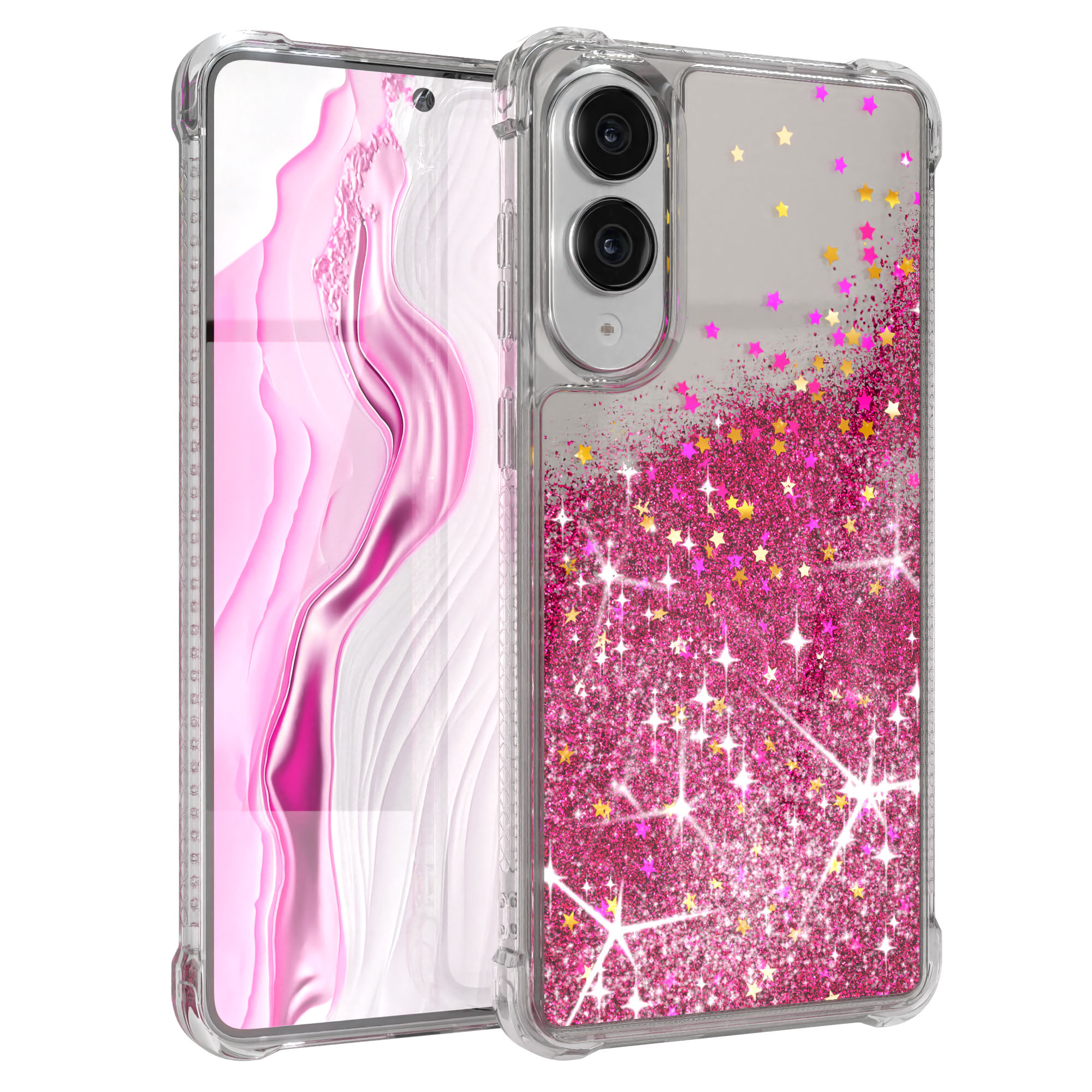 Transparente Handyhülle mit pinkfarbenem Glitzerdesign. Sterne und Glitzer. Der Telefonbildschirm hat ein rosa abstraktes Design.