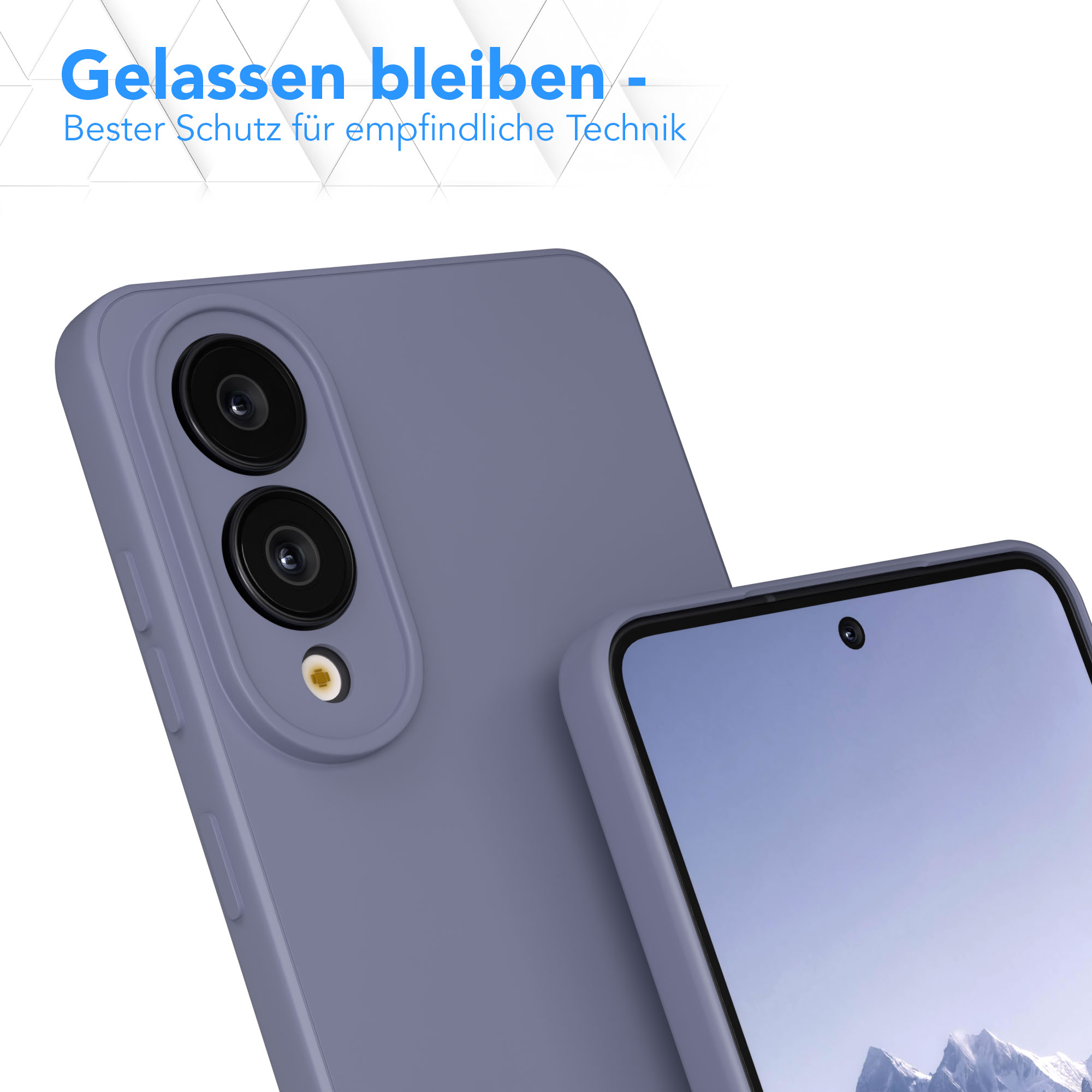 Ein Smartphone in einer lila Hülle mit zwei Kameralinsen und einem Bildschirm, der eine Bergkette zeigt.