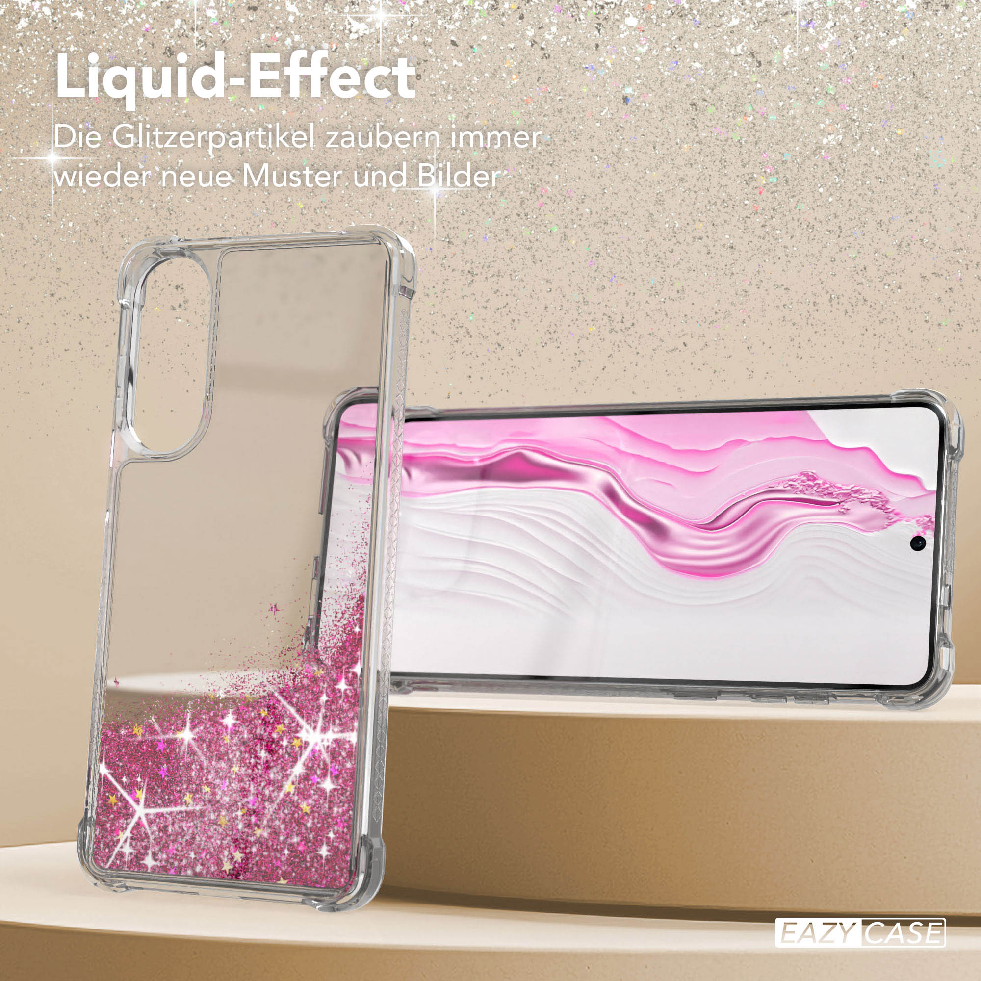 Eine durchsichtige Handyhülle mit rosa Glitzer. Ein Telefon mit rosa Hintergrund ist innen. Ein glitzernder Hintergrund ist dahinter.