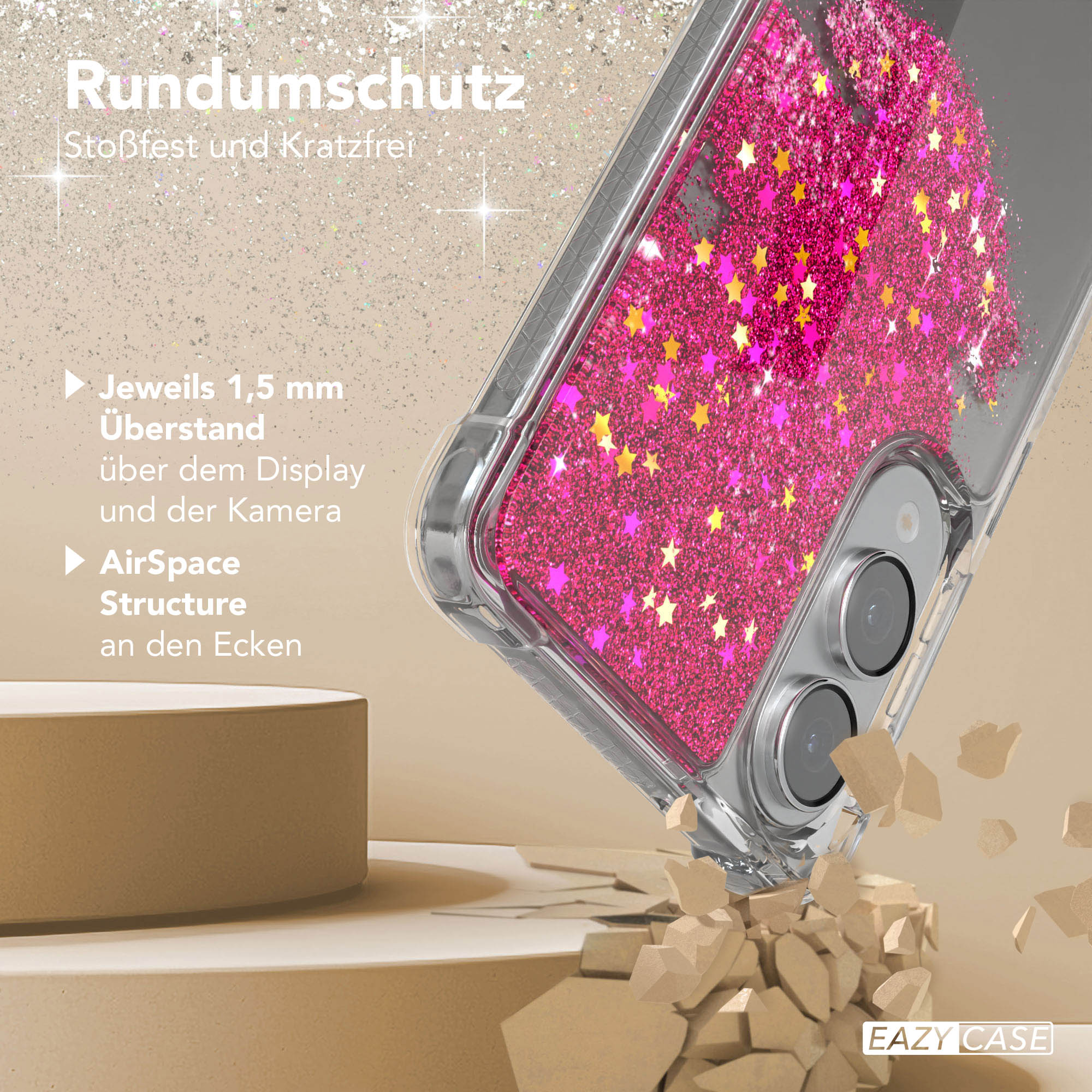 Eine Handyhülle mit pinkfarbenem Glitzer und Sternen. Die Hülle schützt das Telefon. Beigefarbener Hintergrund.