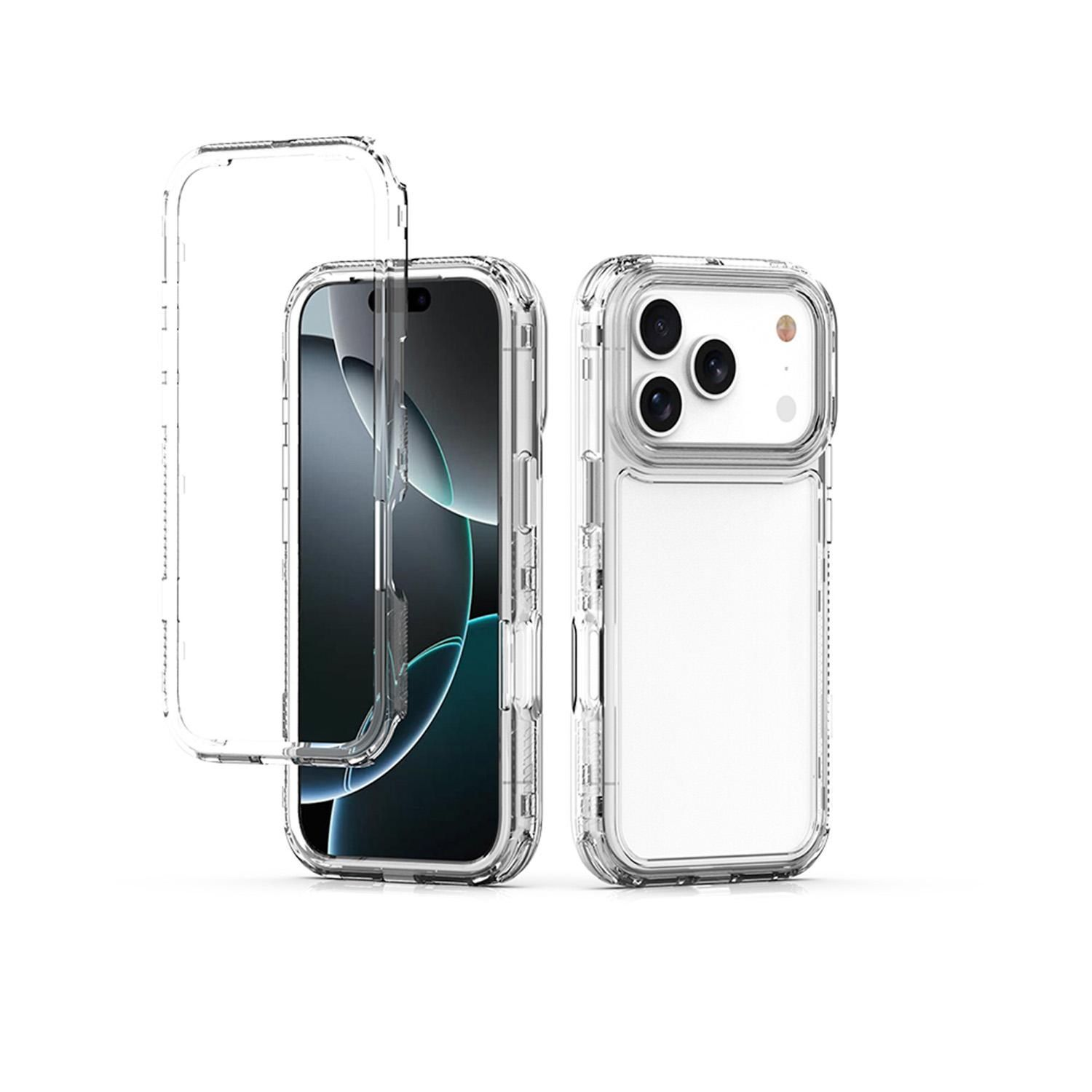 Drei transparente Handyhüllen, eine offen. Die Telefone haben schwarze Bildschirme. Die Hüllen sind durchsichtig. Weißer Hintergrund.