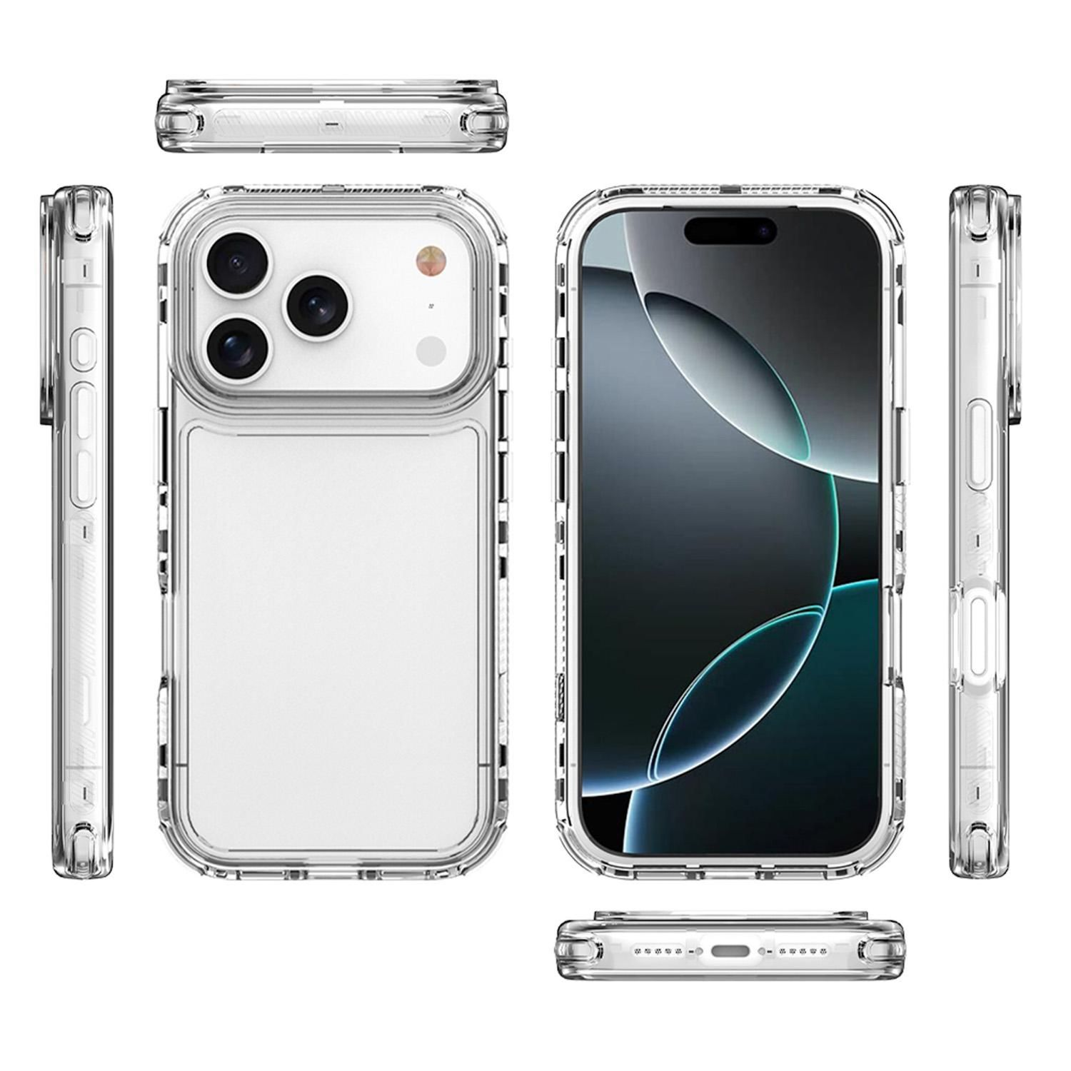 Transparente Handyhülle mit Handy von verschiedenen Seiten. Mit Kameraausschnitten und Tastenabdeckungen.