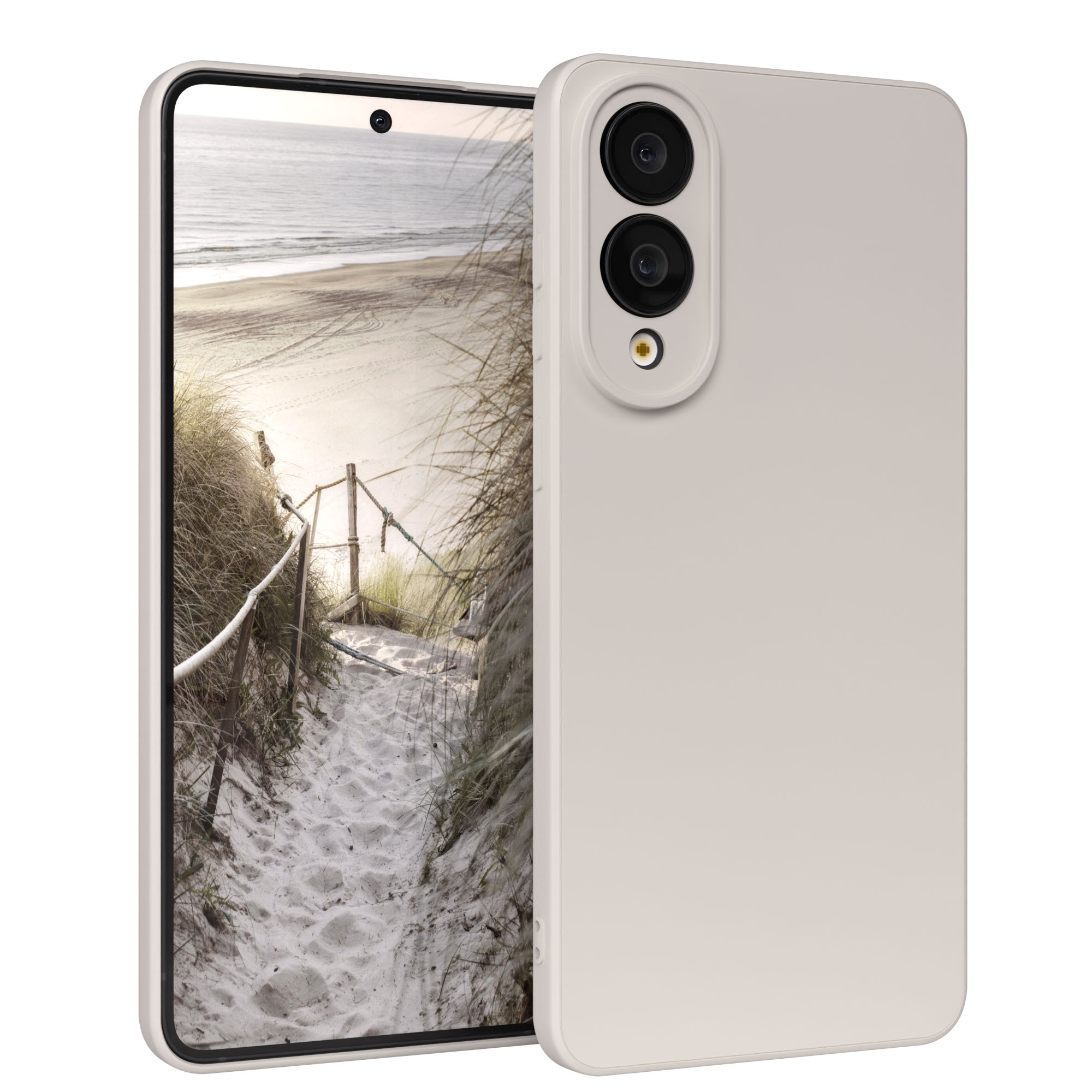 Smartphone-Hülle mit Strandszene auf dem Bildschirm. Strandweg mit Pflanzen und Sand. Telefon ist hellbeige.