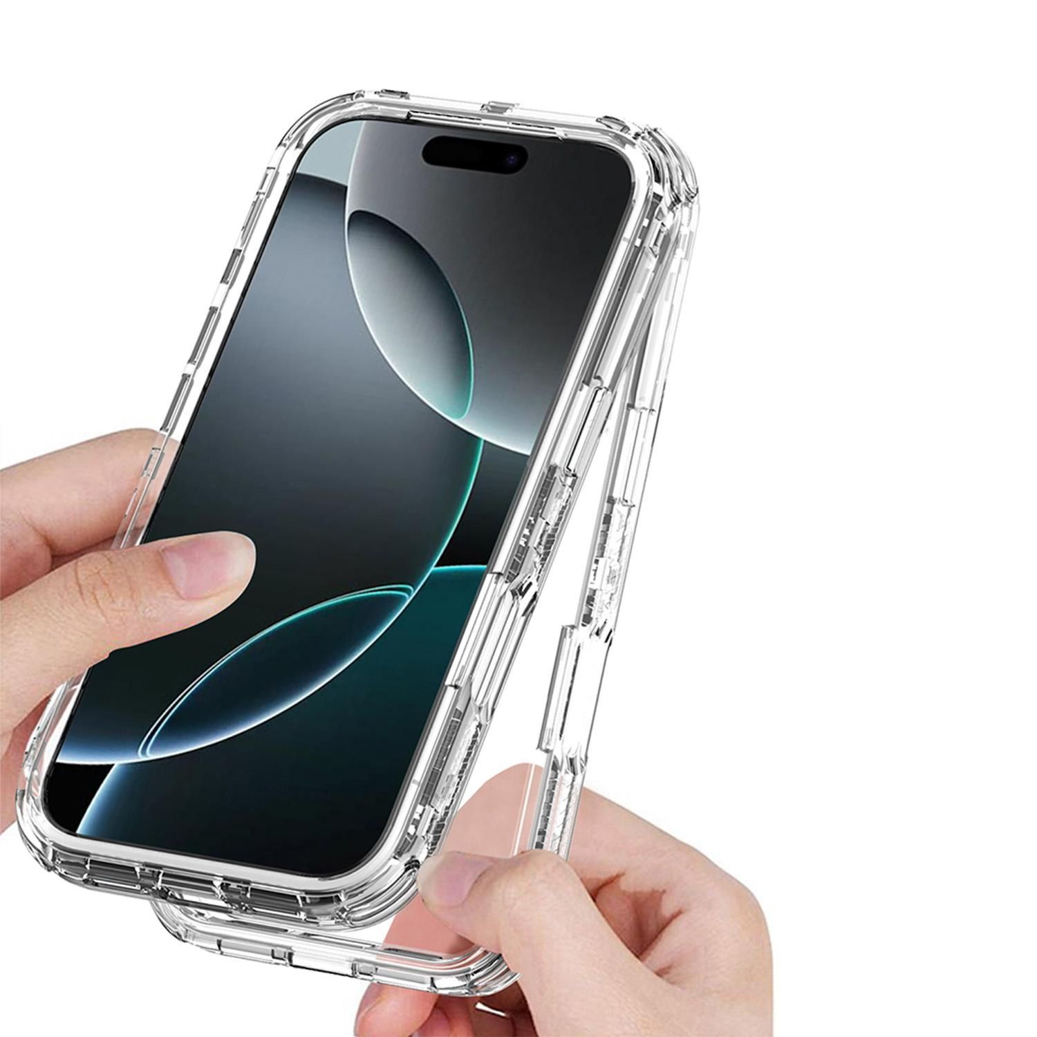 Eine transparente Handyhülle wird gehalten. Die Hülle ist abgenommen, mit dem Telefon darin. Hände halten beide Teile.