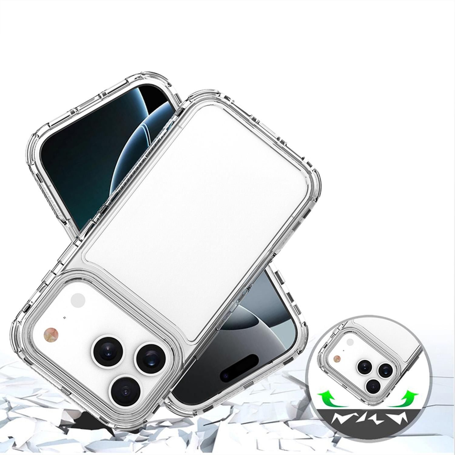 Transparente Handyhüllen auf weißem Hintergrund. Eine Hülle ist offen und zeigt ein Telefon. Die Hüllen haben eine weiße Rückseite.