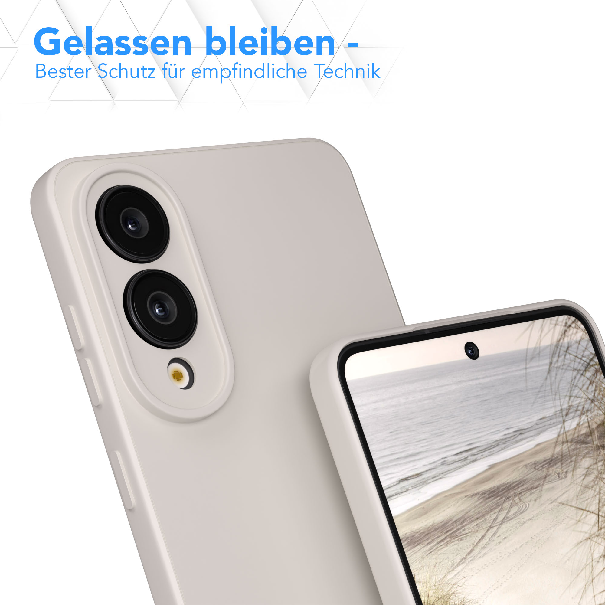 Nahaufnahme eines weißen Telefons mit zwei Kameras. Der Bildschirm zeigt eine Strandszene. Text oben: 'Bester Schutz'.
